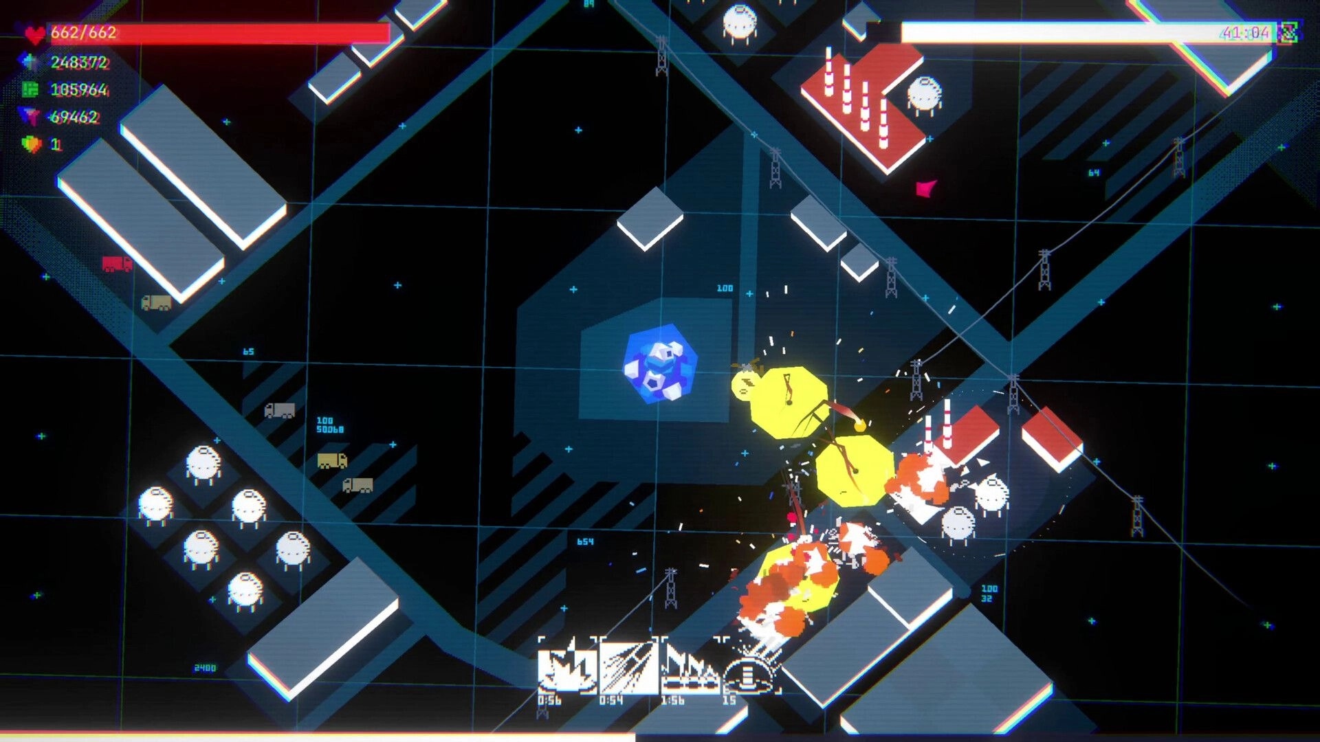 BastionOS: Tower fires at swarming white drones with explosions on a neon grid battlefield UI.