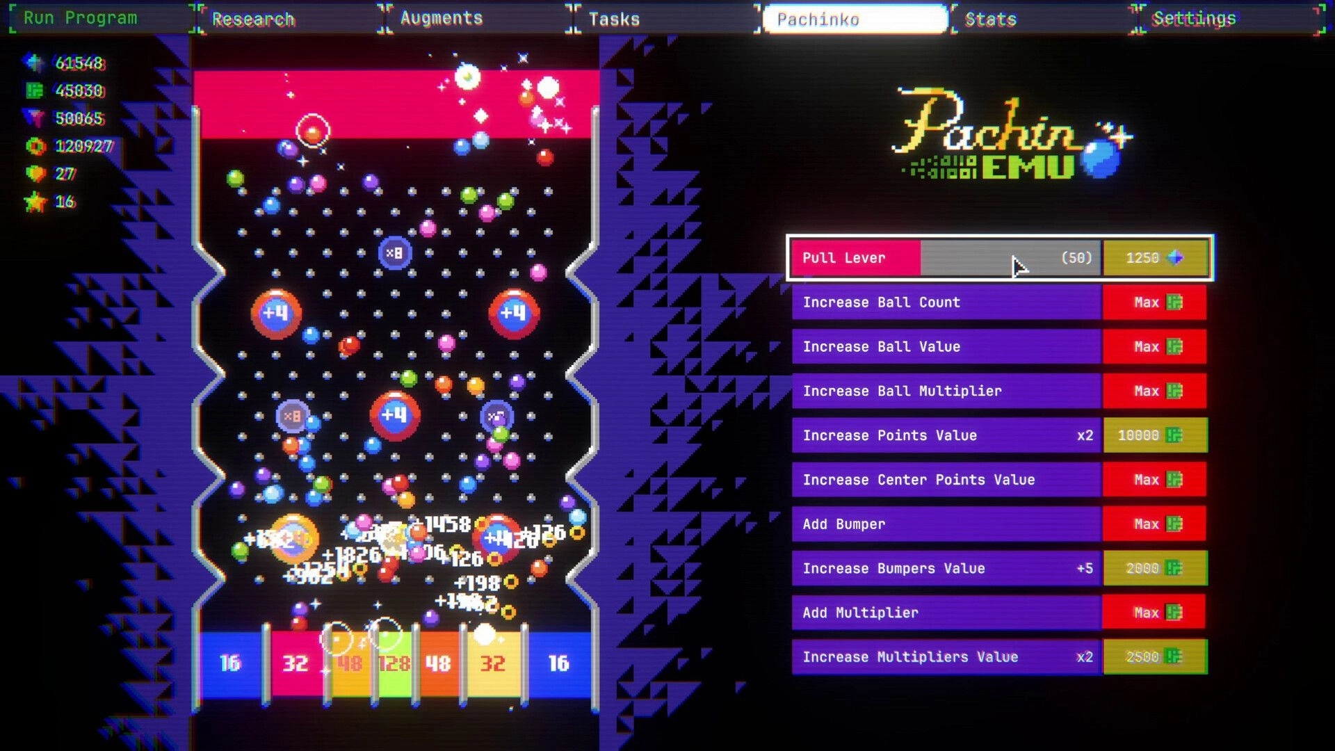 BastionOS: Pachinko minigame with bouncing balls and upgrade list beside the pegboard on neon UI screen.