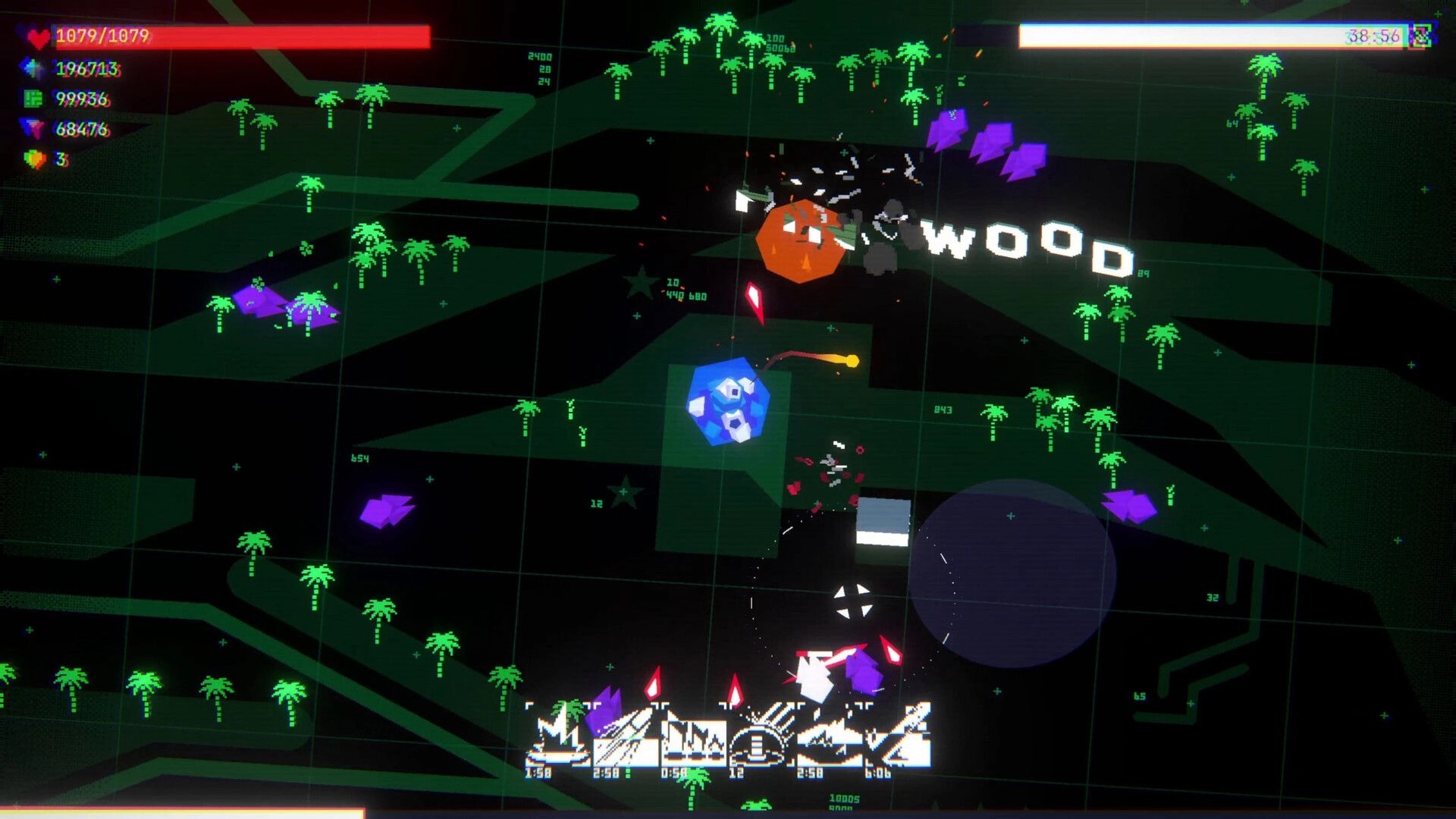BastionOS: Neon tower combat with exploding shapes and weapon icons over a grid battlefield map.