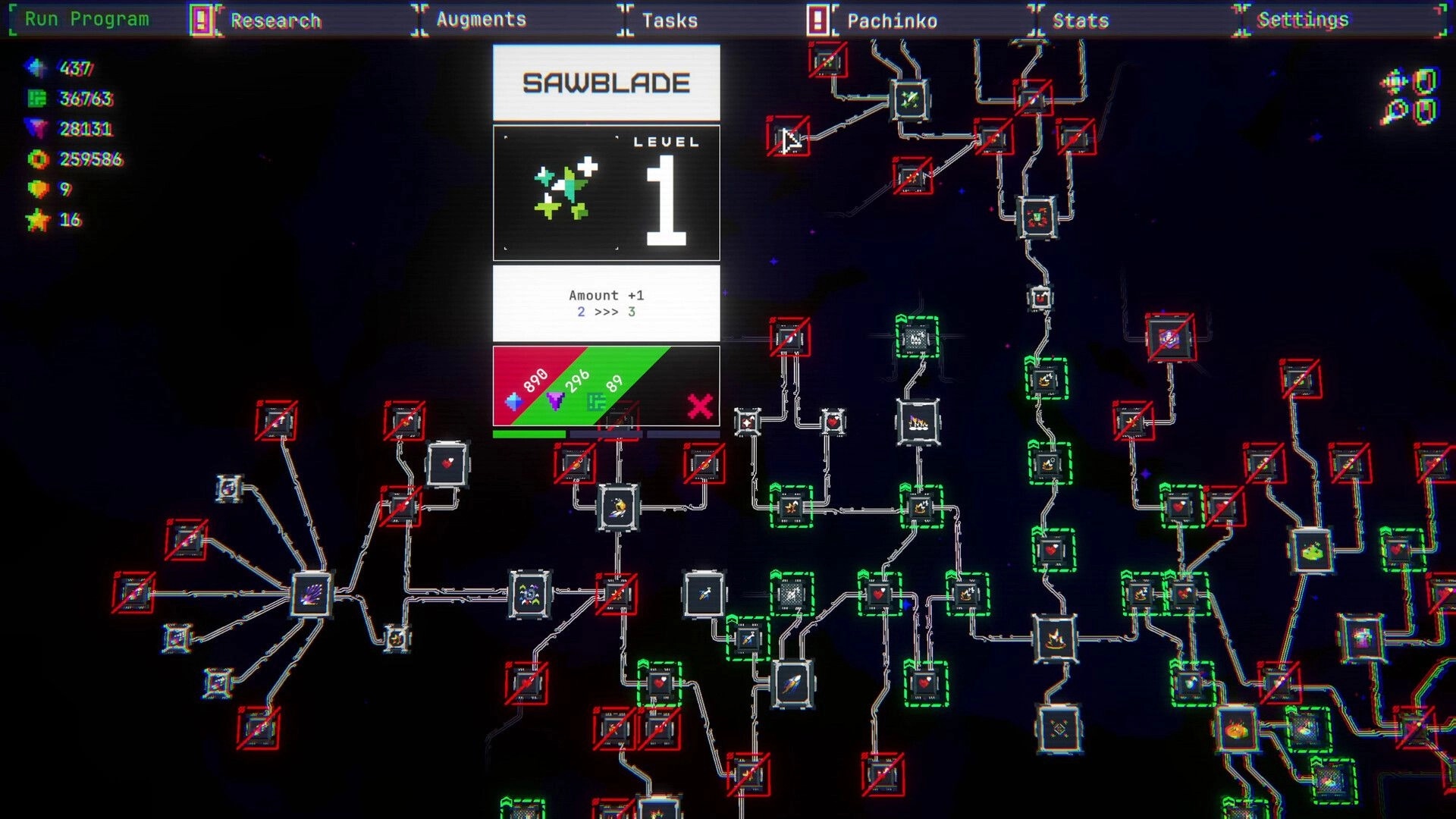 BastionOS: Sawblade upgrade panel on a branching research tree with locked nodes on dark grid backdrop.
