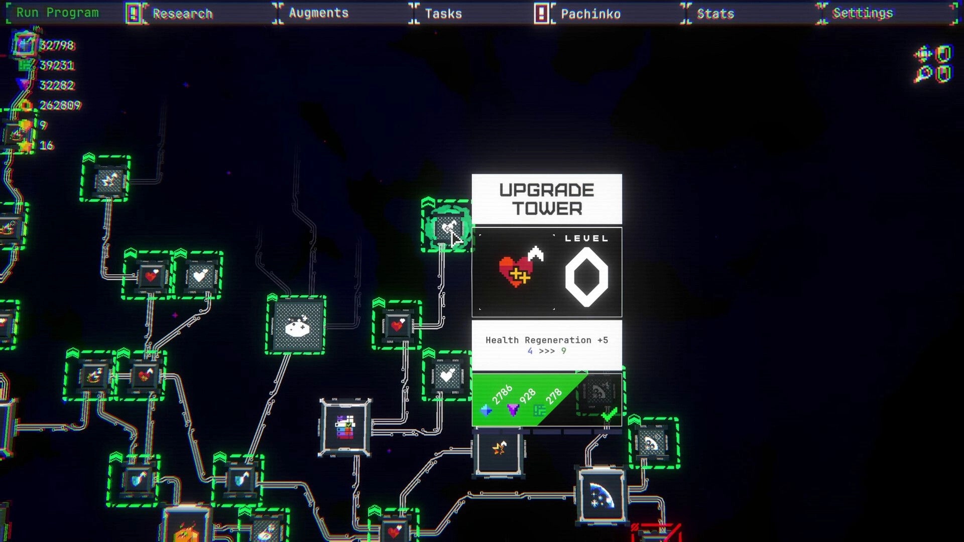 BastionOS: Upgrade Tower popup boosting health regeneration on a connected circuit-style skill grid map.
