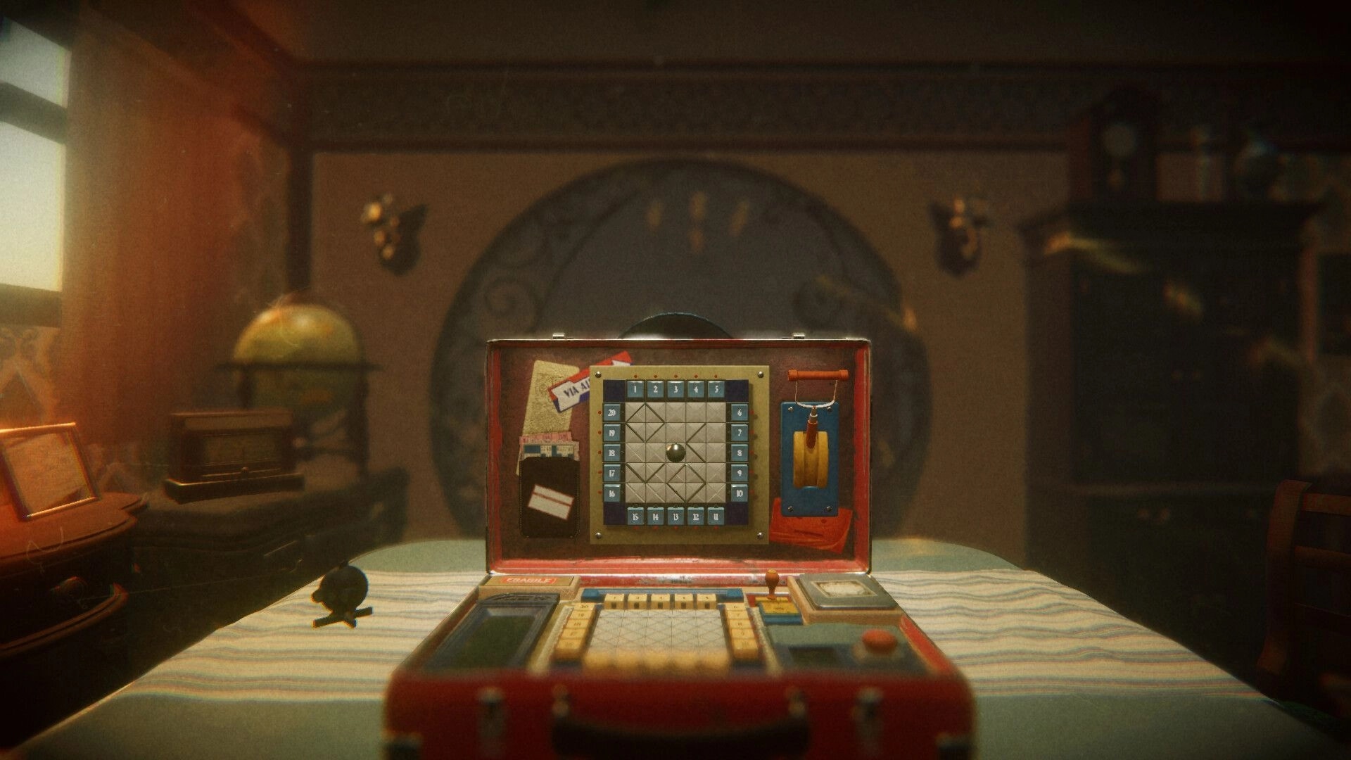 BATHYSPHERE: Open puzzle case with numbered grid and lever on table in dim cabin room.