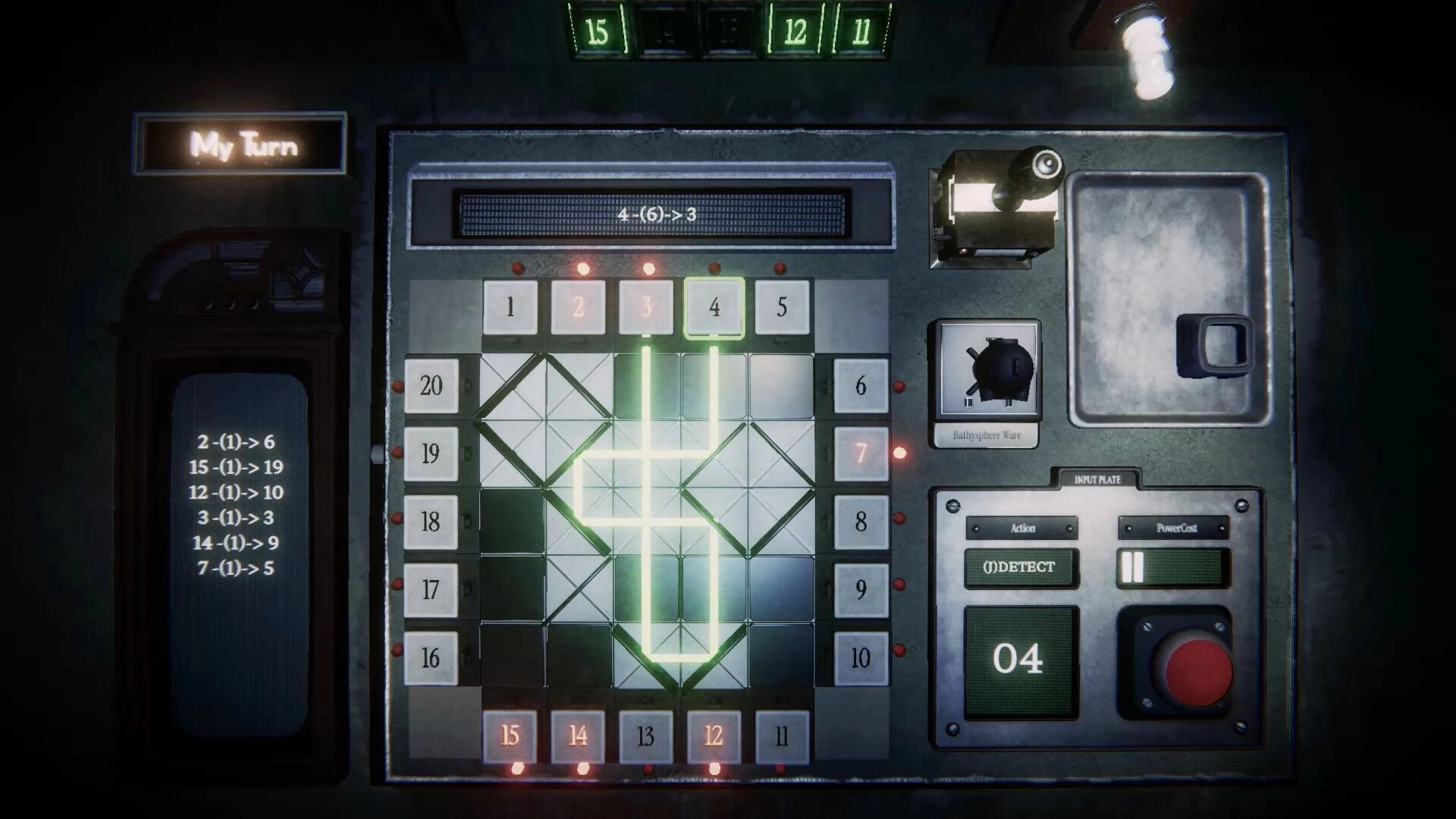 BATHYSPHERE: Circuit board puzzle grid with numbered tiles and Detect button inside control panel room.