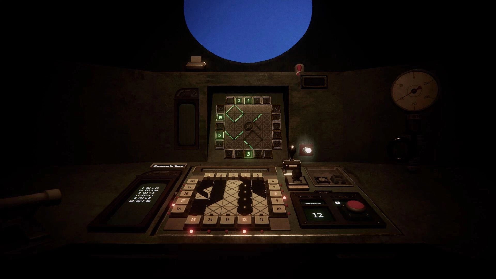 BATHYSPHERE: Puzzle control panel with numbered tiles and turn indicator inside dim bathysphere cockpit.