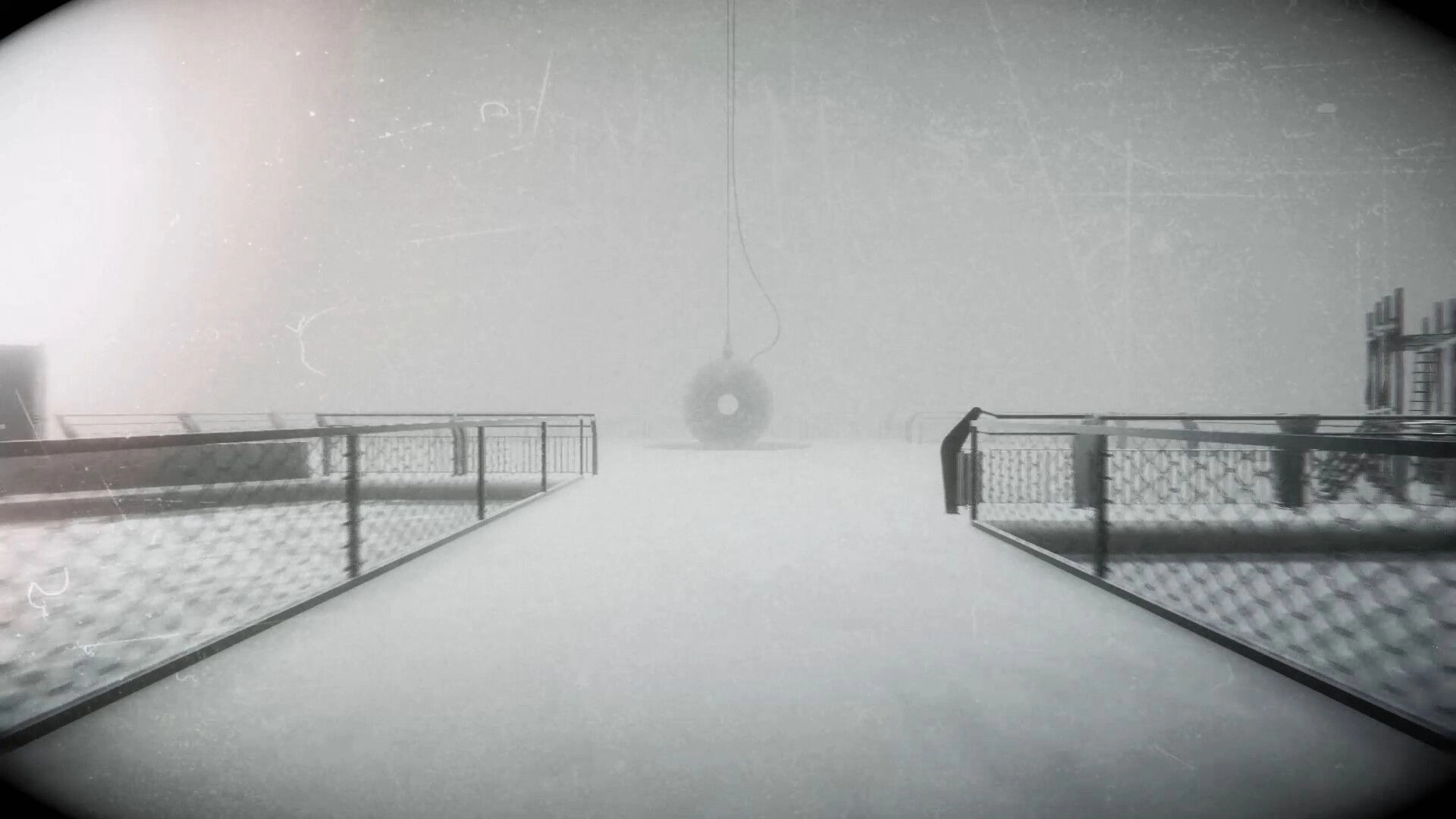 BATHYSPHERE: First-person view down a foggy walkway toward a hanging sphere, fenced platform edges.