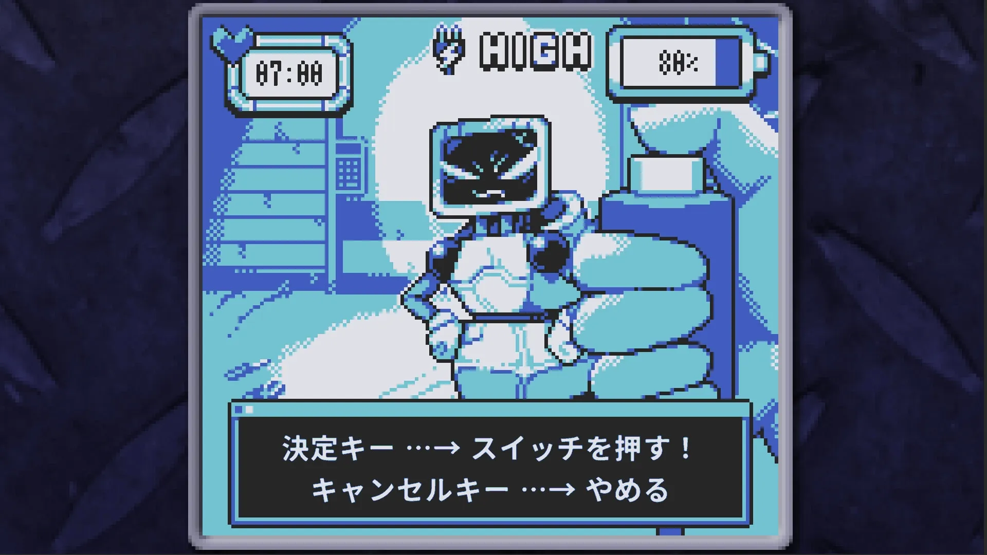 BatteryNote: Robot with screen face in lab setting, energy level at 80%, high voltage action prompt