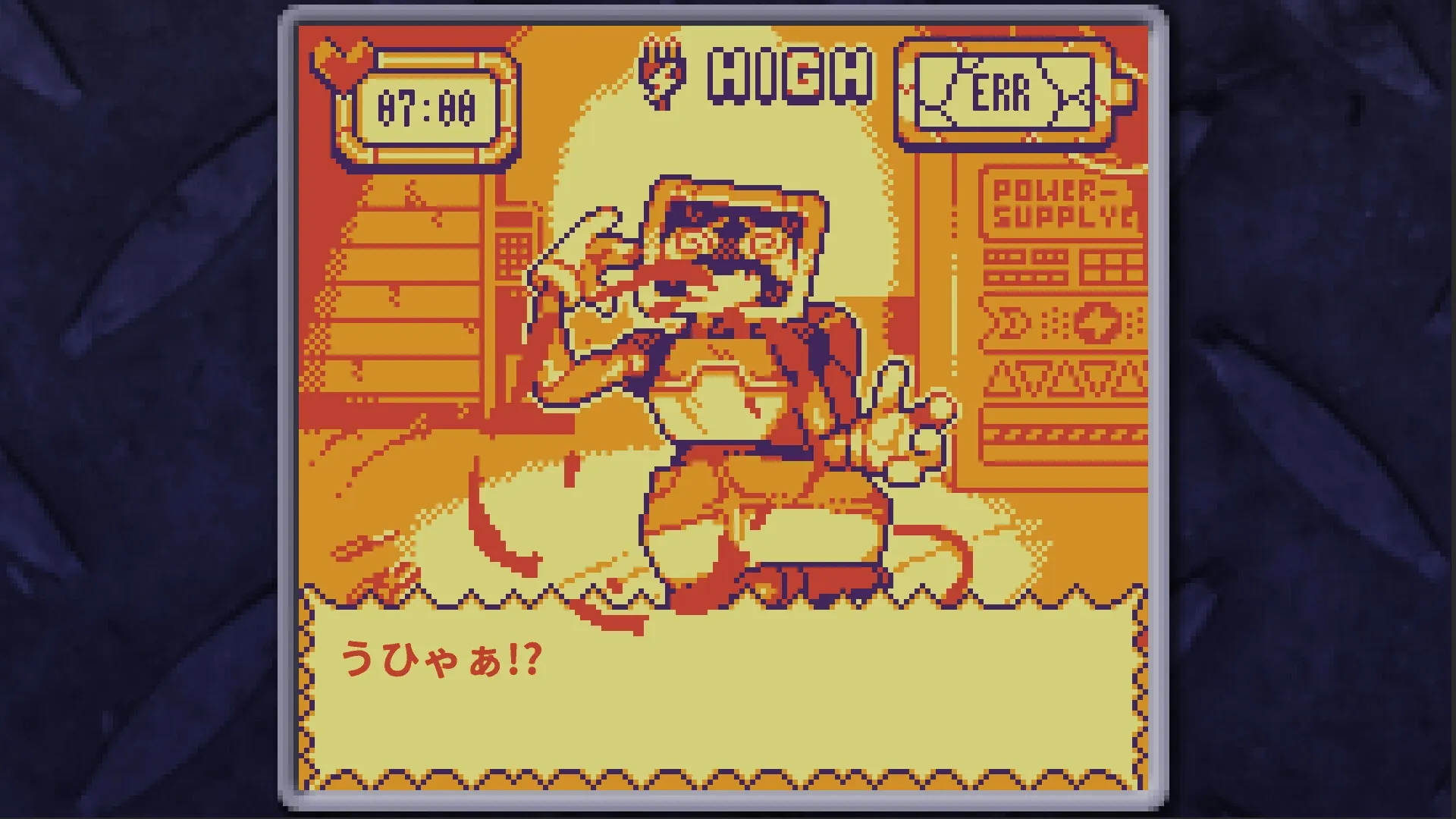 BatteryNote: Robot character startled in orange pixel art room with high voltage and error display