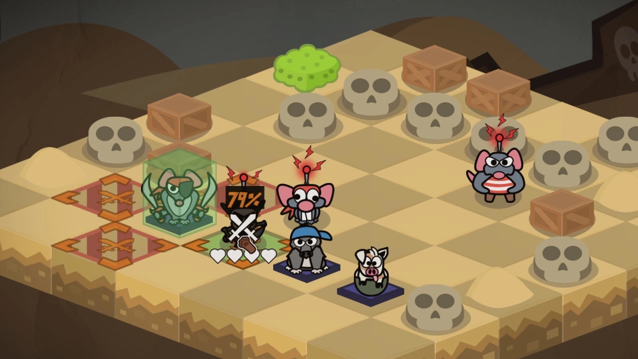 Battle Barn: Tactical grid battle with animals, skull obstacles, and attack percentage indicator.