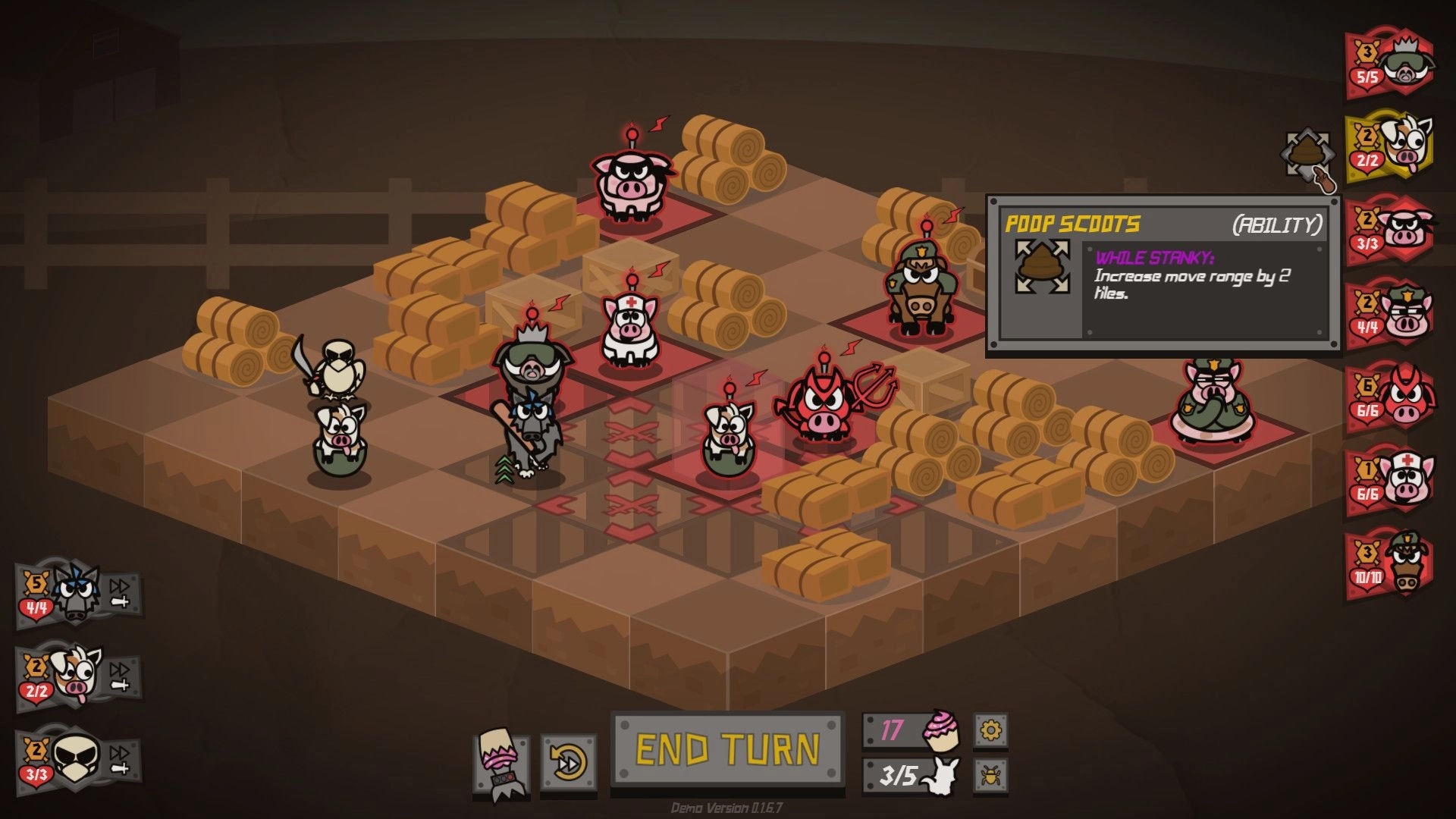 Battle Barn: Turn-based combat on a grid with hay bales, displaying Poop Scoots ability tooltip