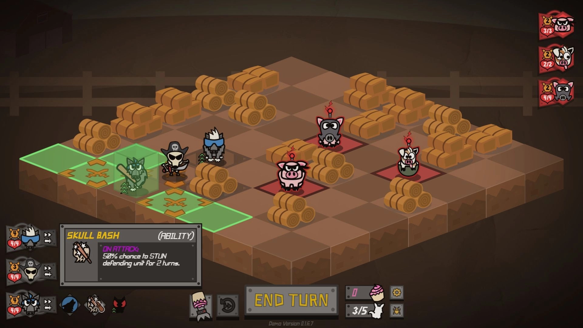 Battle Barn: Turn-based farm animal combat on grid with hay bales, skill menu, and enemy indicators