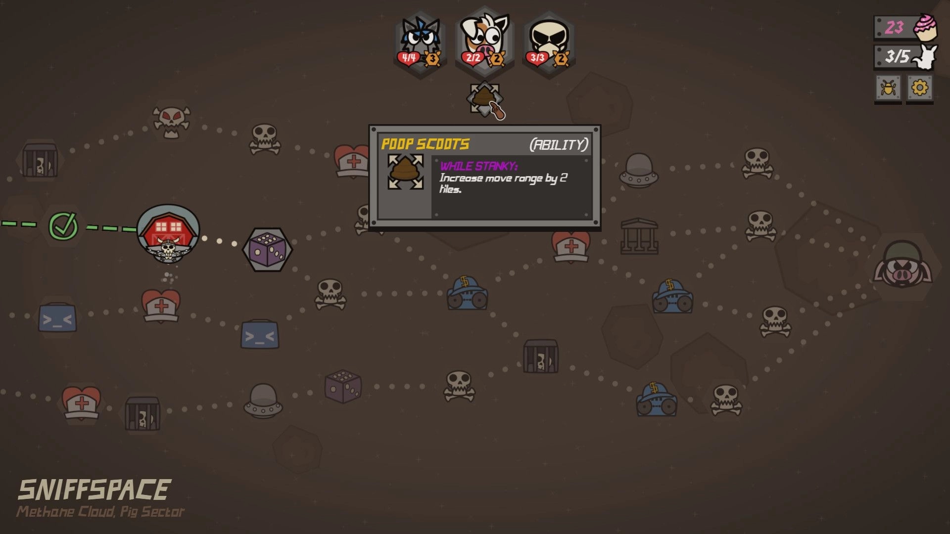Battle Barn: Level map with character stats and "Poop Scoots" ability description in Sniffspace