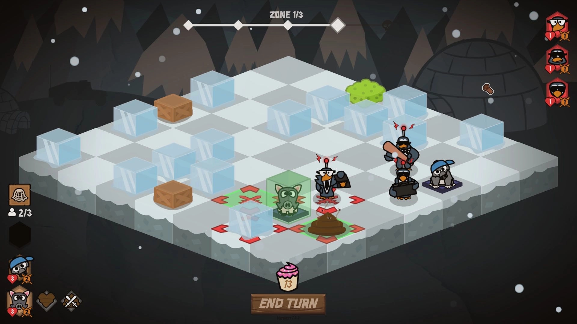 Battle Barn: Grid-based combat with penguin enemies and obstacles in icy cavern environment