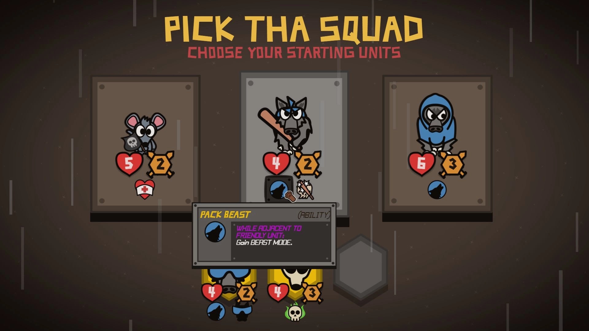 Battle Barn: Character selection with three unit cards showing stats and abilities in menu interface