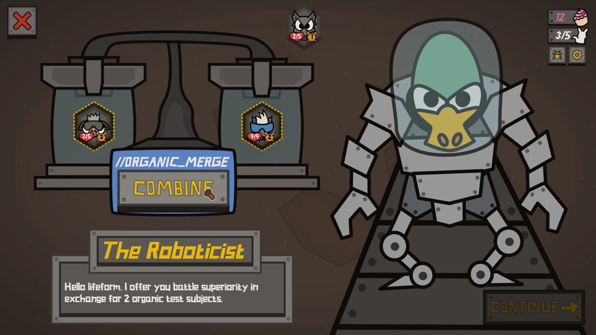 Battle Barn: The Roboticist offers to merge critters in a futuristic lab setting with UI elements visible.