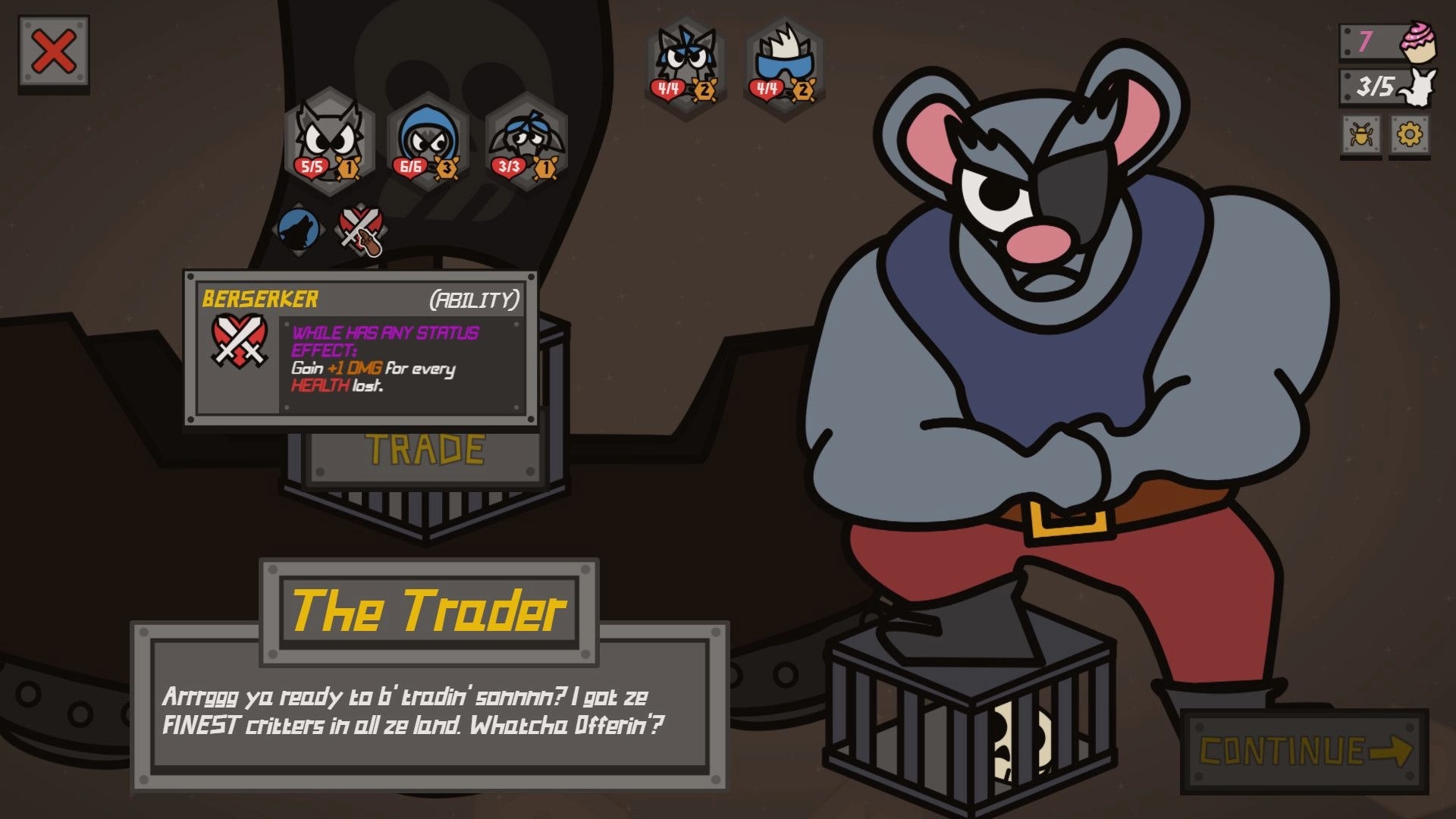 Battle Barn: Trader screen displaying Berserker ability, dialogue box, and character icons in space setting.
