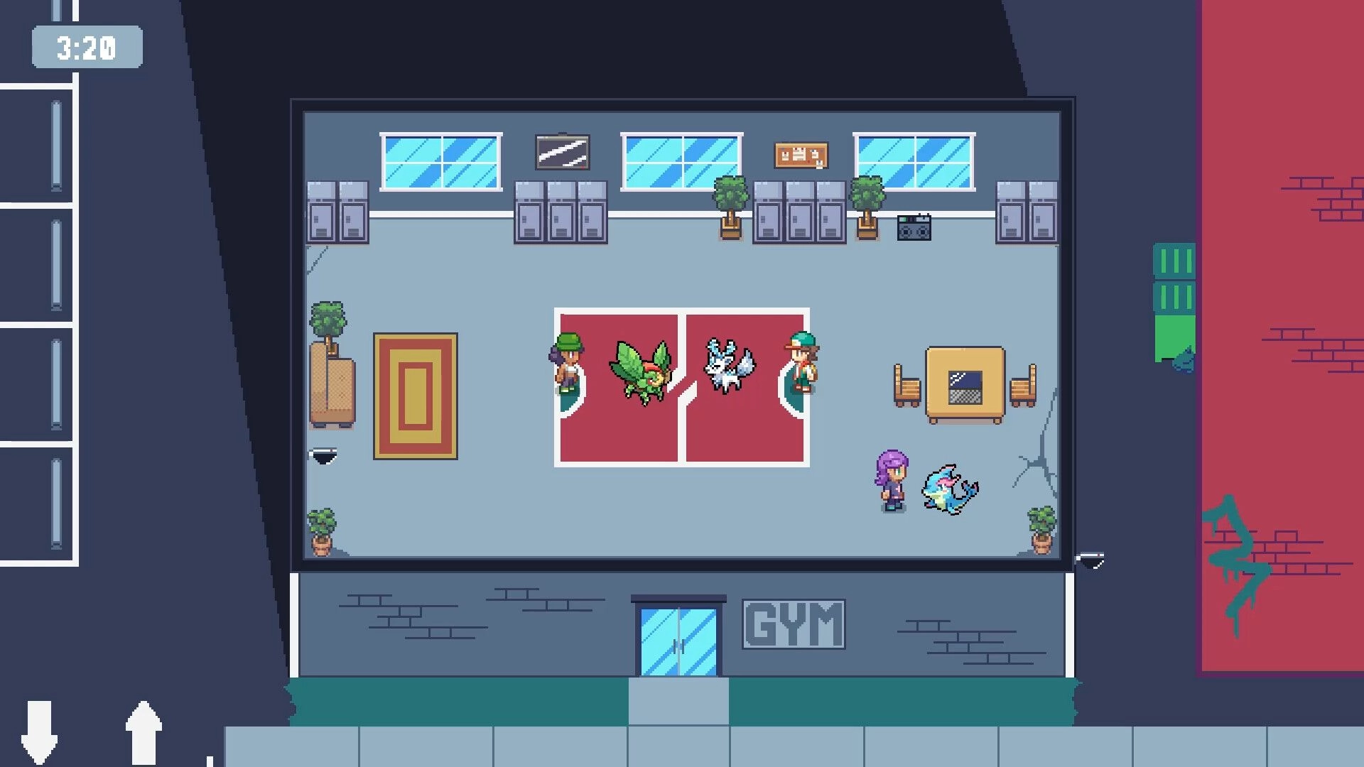 Battle Boss: Top-down gym battle with two battlemon on mat, lockers and timer UI visible.