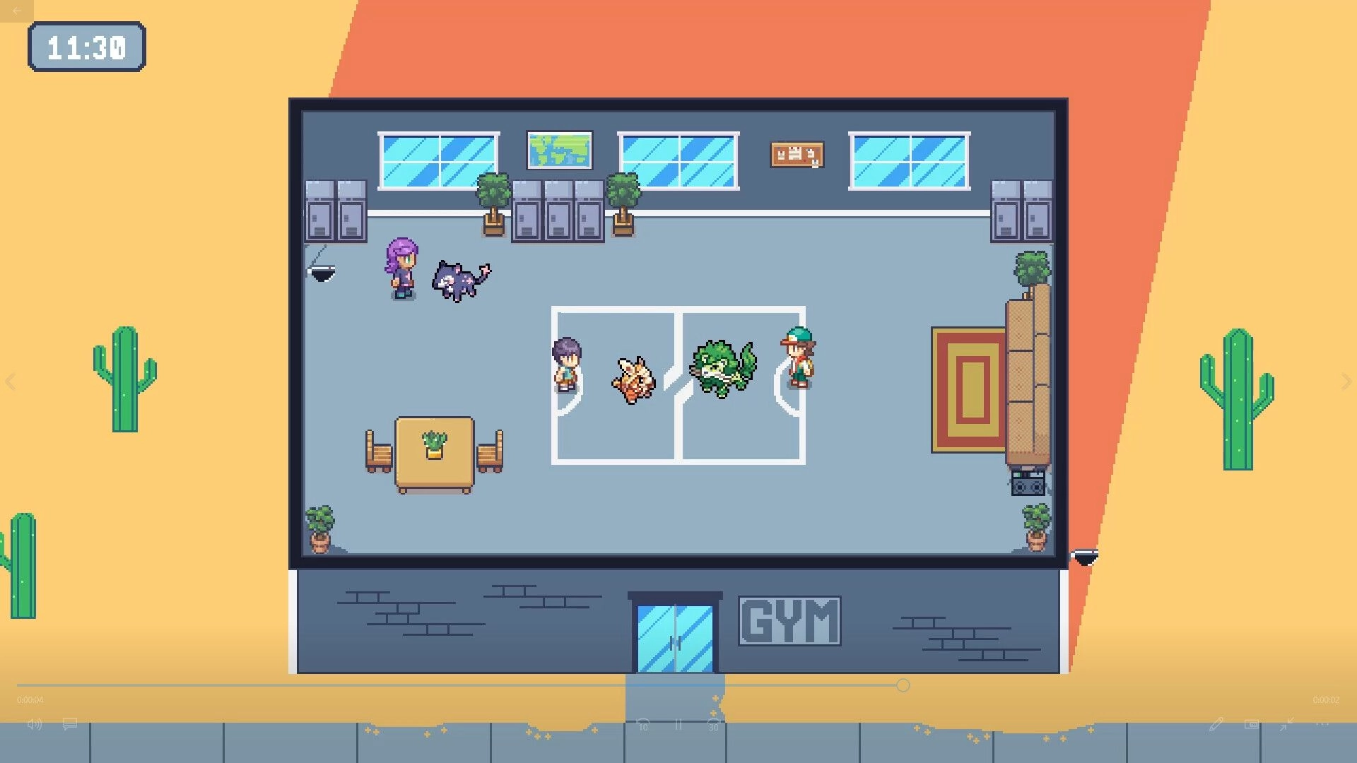 Battle Boss: Gym lobby overview with two trainers and battlemon on court, 11:30 clock UI visible.