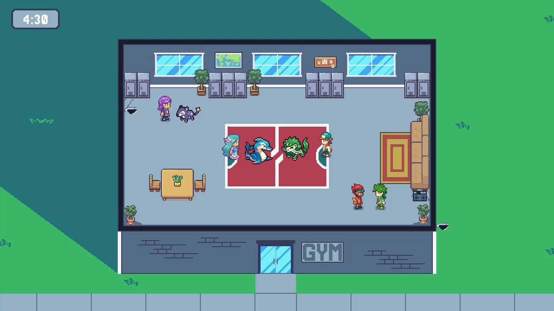 Battle Boss: Trainers and battlemon on red sparring mats inside gym room with lockers and timer UI.