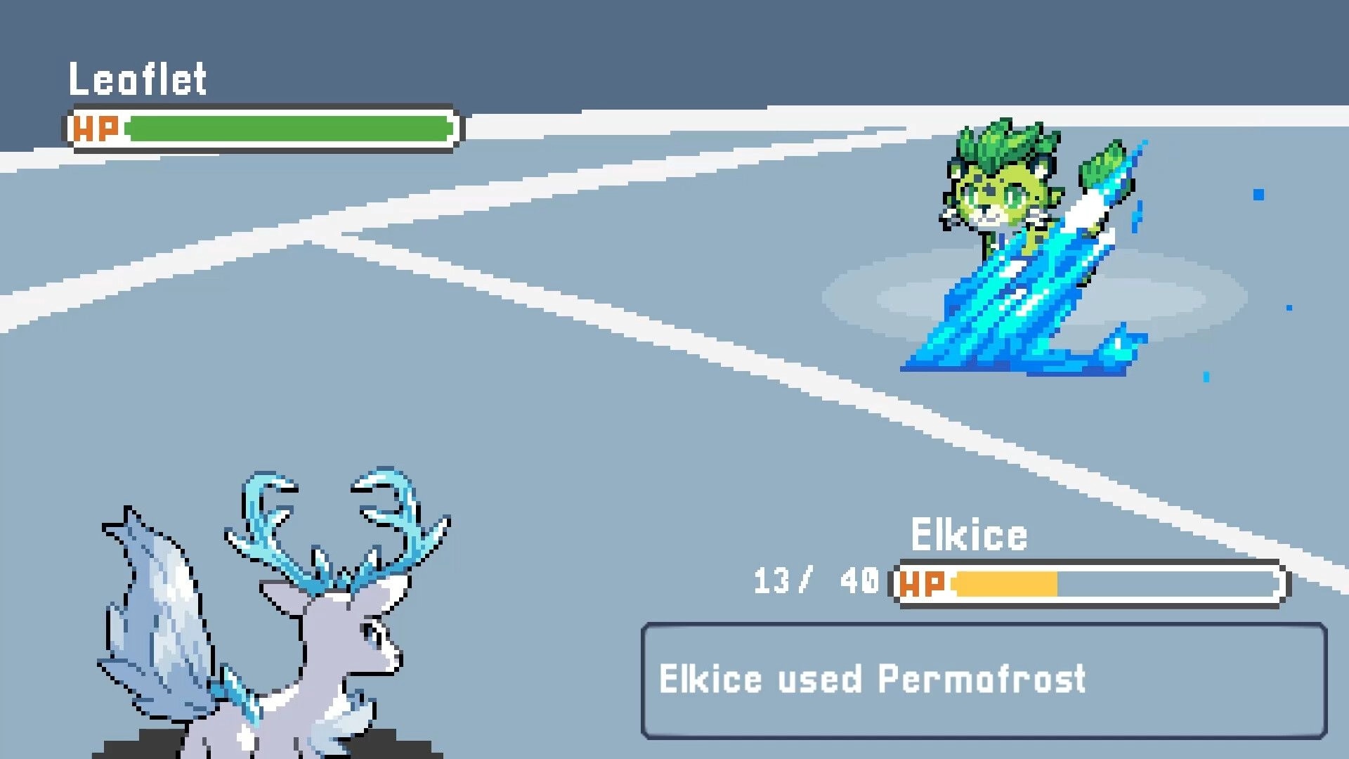 Battle Boss: Elkice uses Permafrost in turn-based battle arena, HP bars for Elkice and Leoflet.
