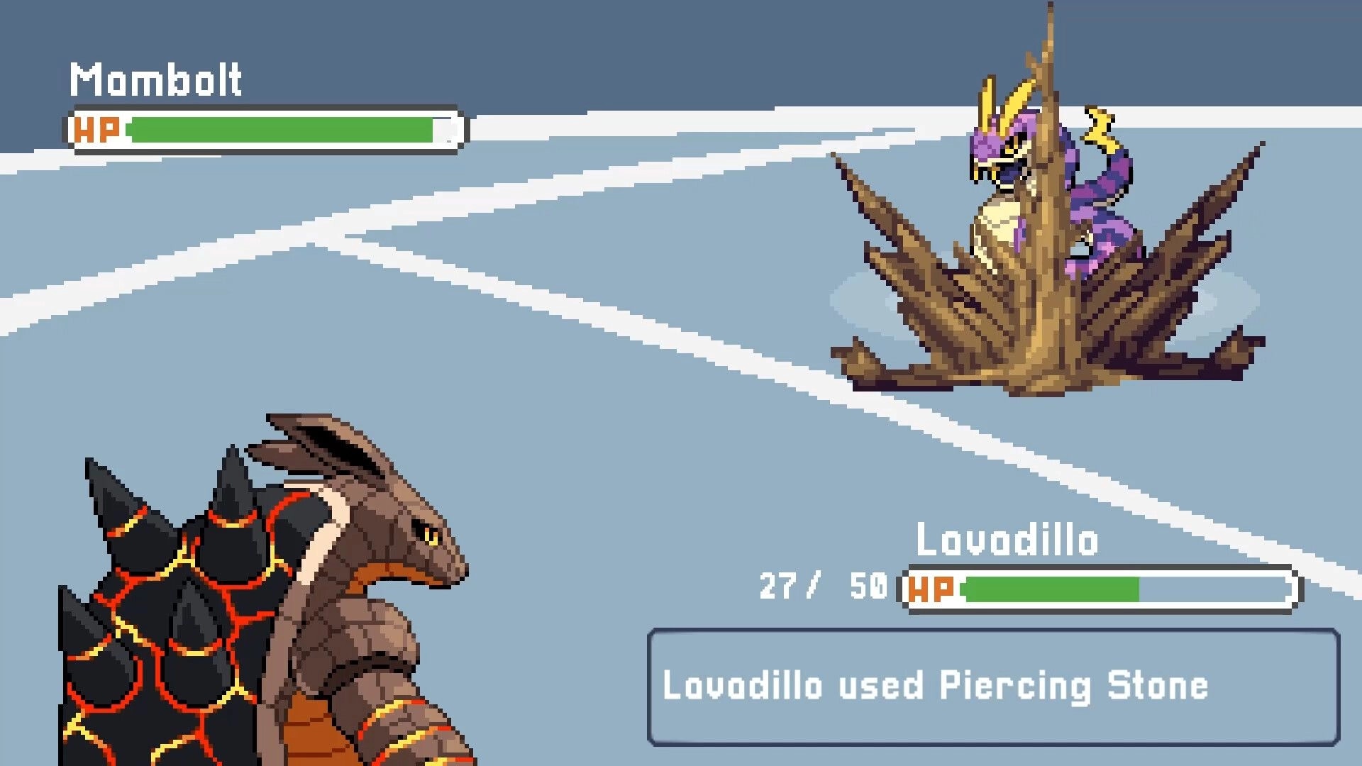 Battle Boss: Lovodillo uses Piercing Stone on Mombolt in a turn-based battle arena UI.