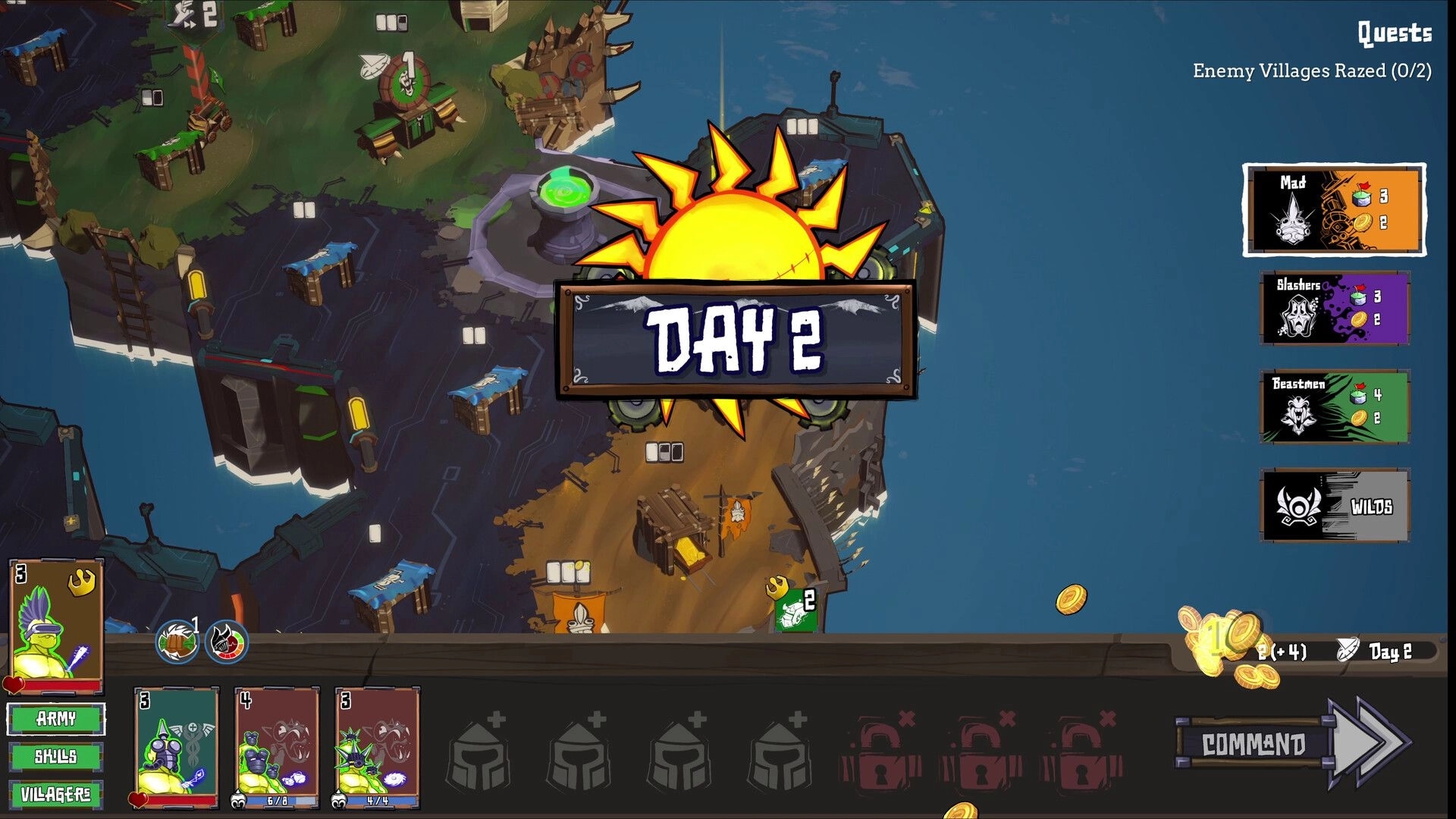 Battle Lads: Day 2 map overview with village icons, quest tracker, and character cards on screen.