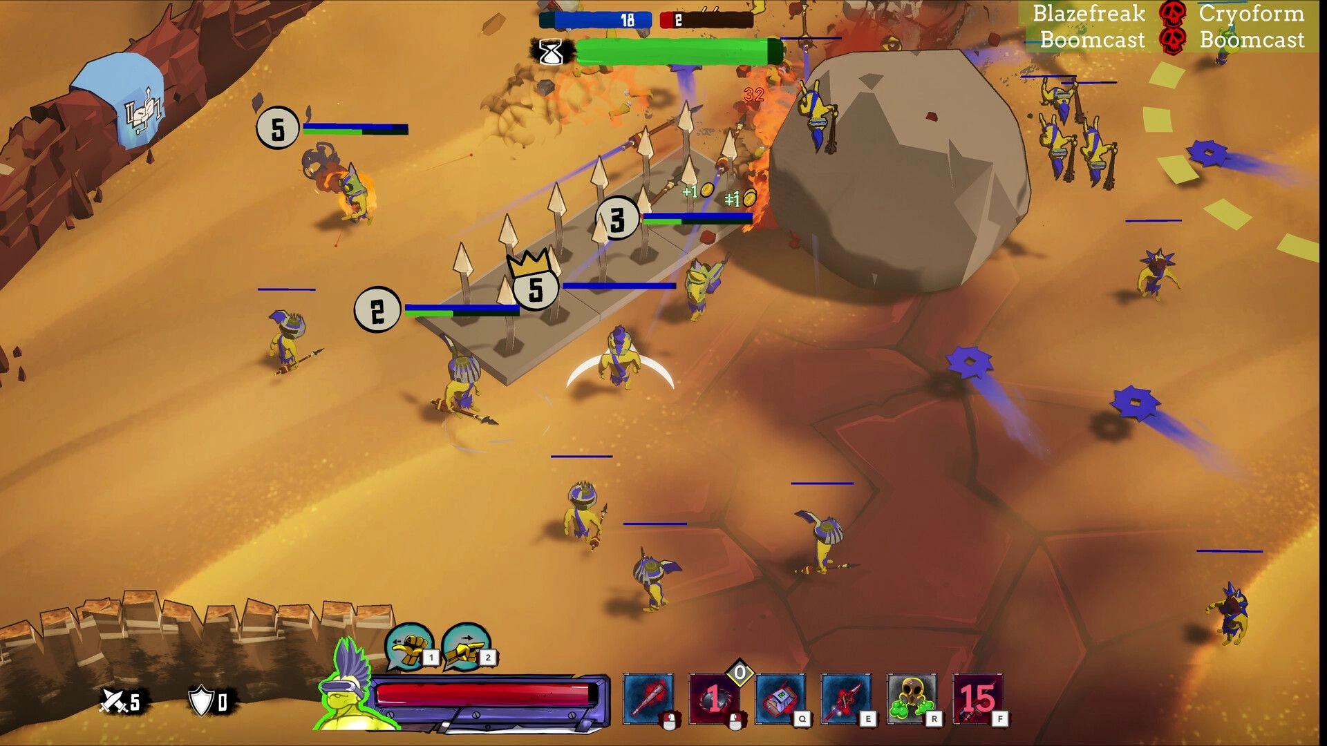 Battle Lads: Combat with Synth warriors near spiked barricades in desert environment with HUD visible