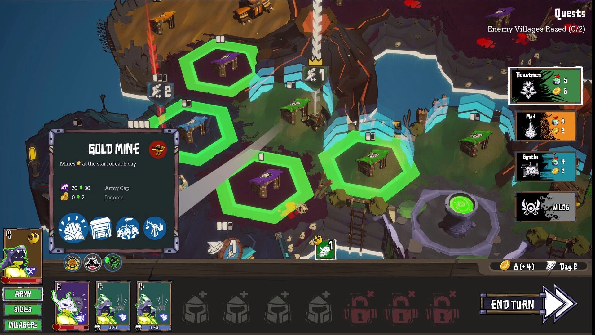Battle Lads: Strategic map view with resource tiles and gold mine details, ready for next turn decisions.