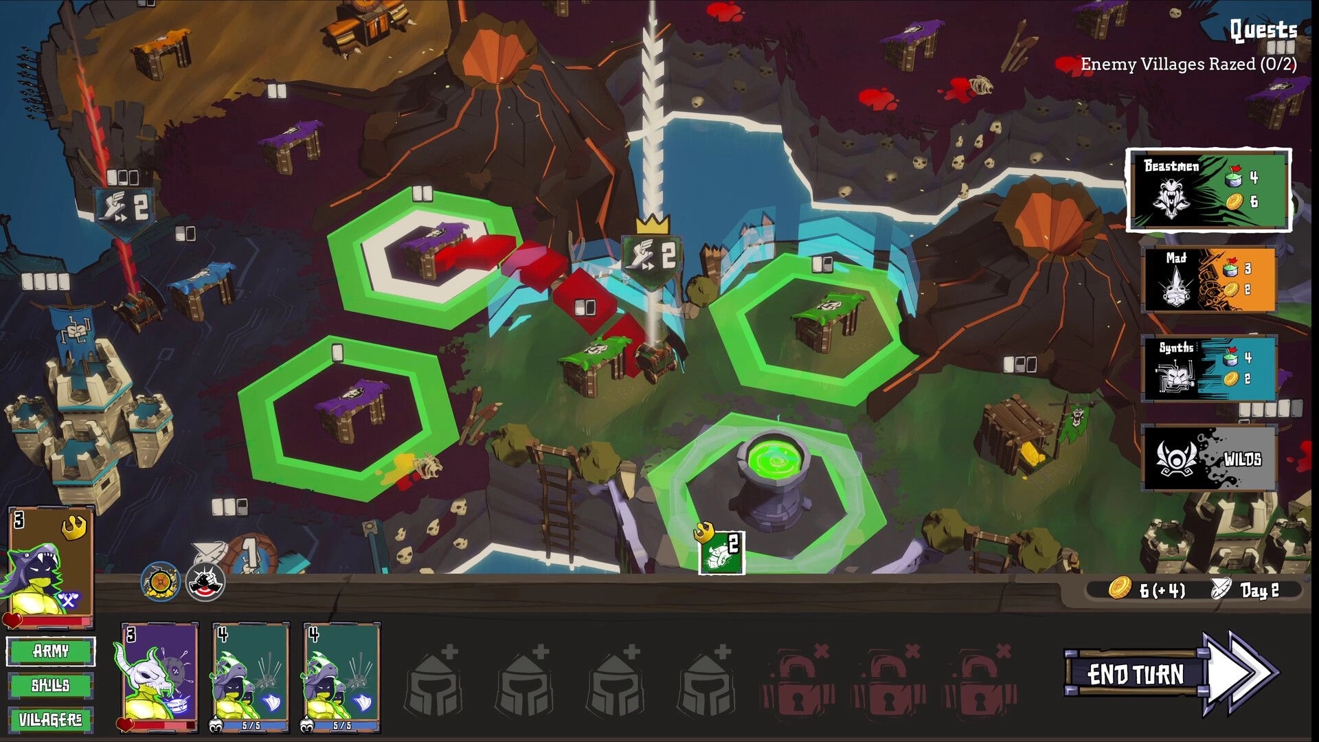 Battle Lads: Turn-based map with tribal territories, enemy villages, and player stats on screen.