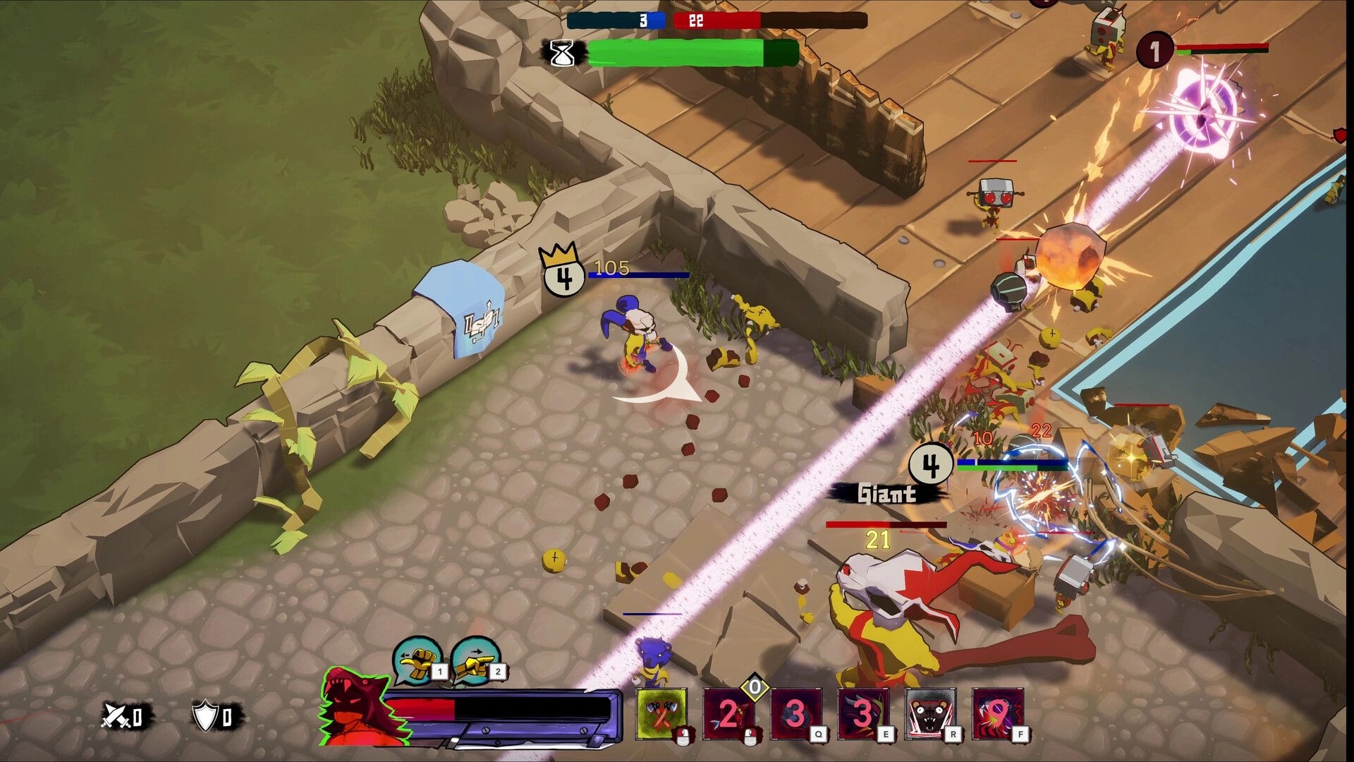 Battle Lads: Player fighting enemies with energy beams in a stone courtyard near a waterway.