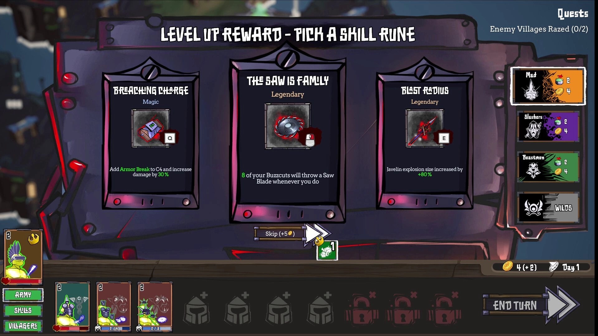 Battle Lads: Level up reward screen showing skill rune choices and enemy village razing quests.