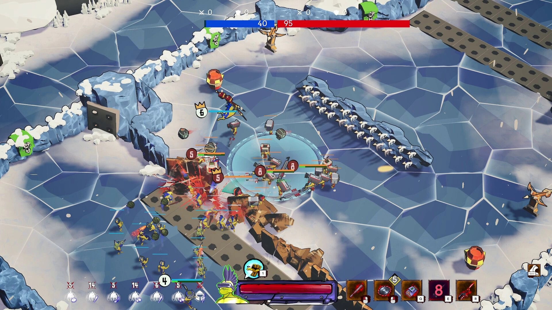 Battle Lads: Real-time combat with Synths and Ronin in icy terrain, visible health bars and icons.