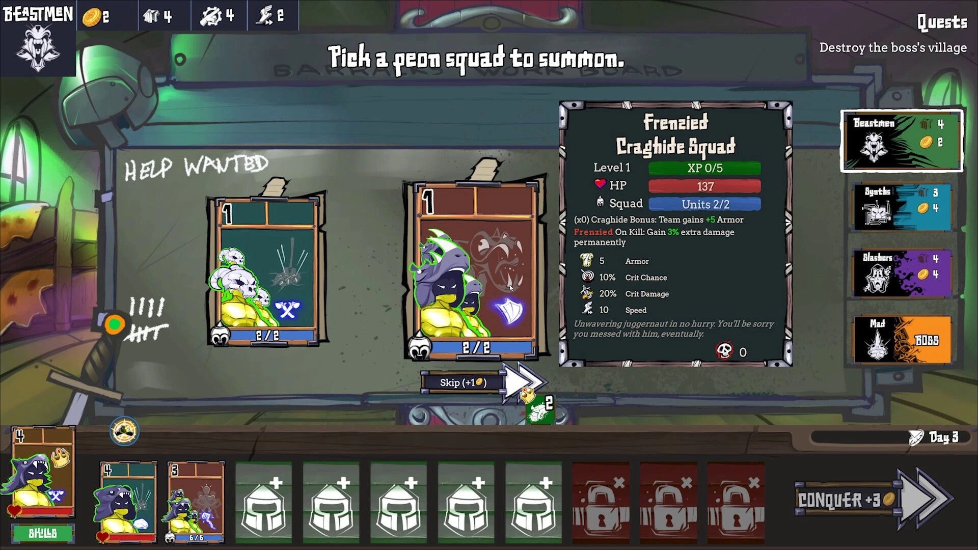 Battle Lads: Peon squad selection screen with Beastmen units and stats in a dimly lit room setting.