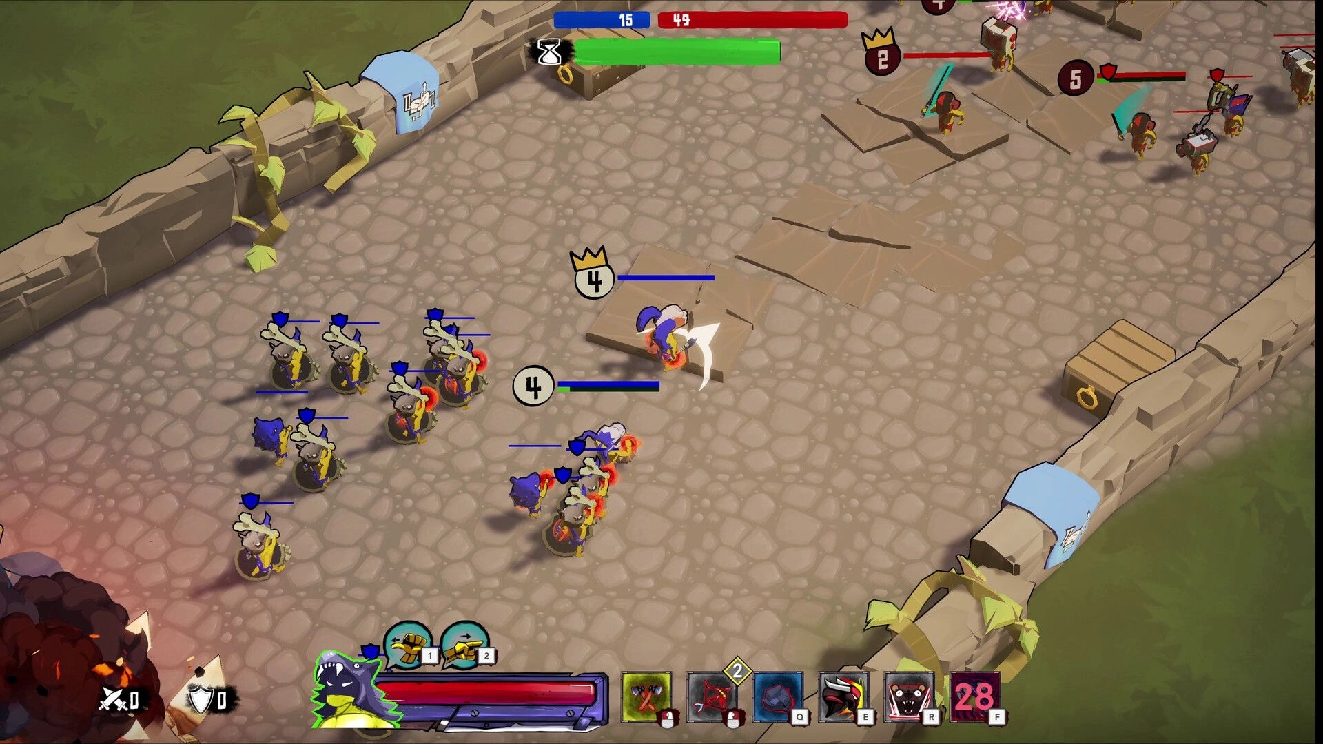Battle Lads: Synths engage enemies in a stone courtyard with health bars and ability icons visible