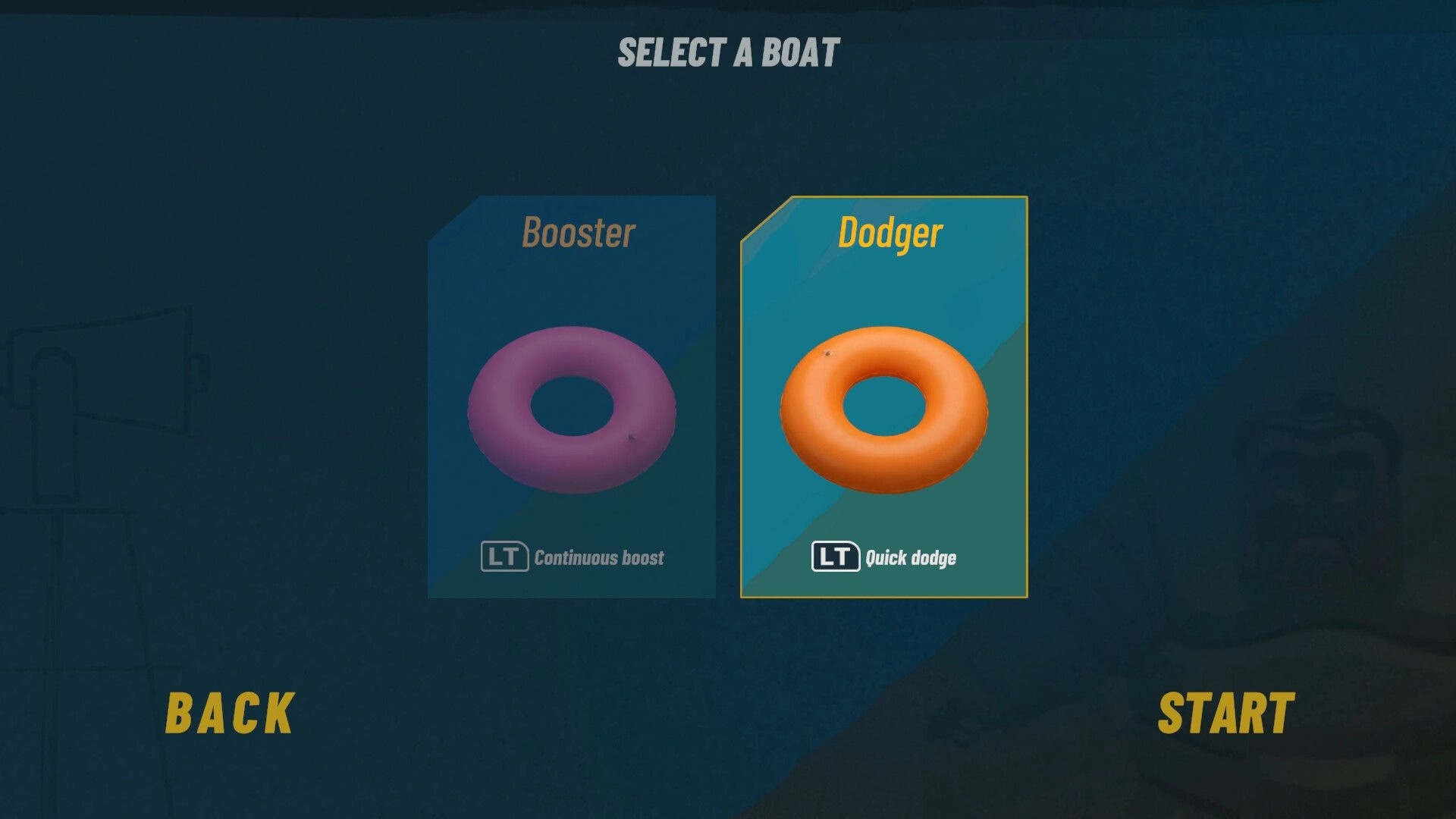Battle Nap: Select a Boat menu with Booster and Dodger ring options, Back and Start buttons.