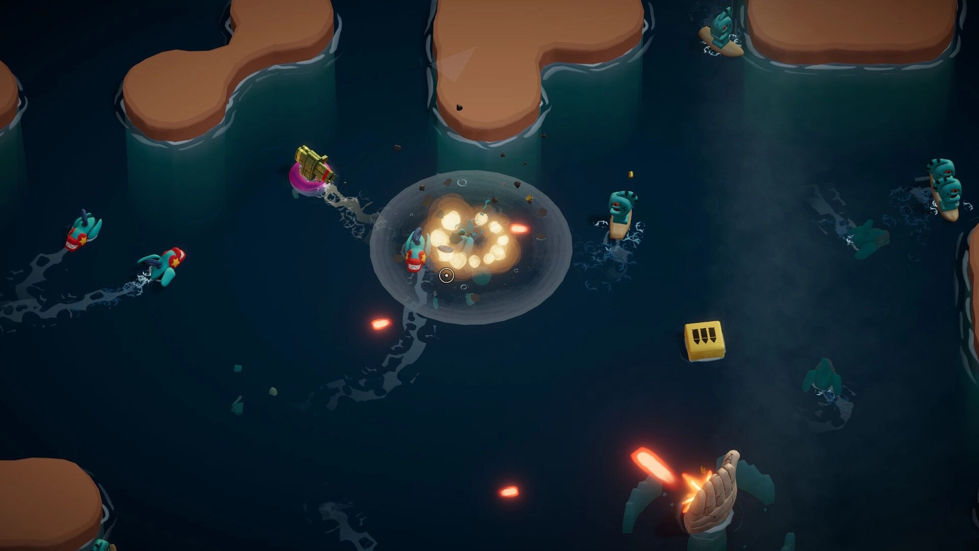 Battle Nap: Top-down boat firefight with teal enemies, explosions and bullets in dark water channels.