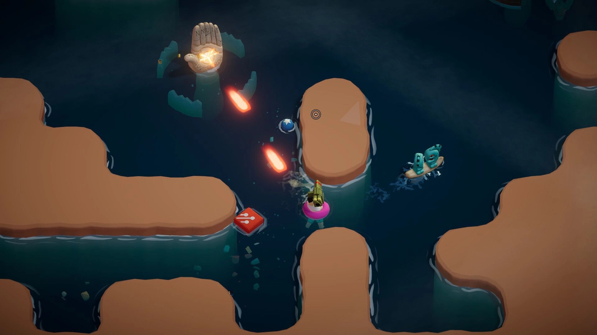 Battle Nap: Top-down shooter firing at a floating hand boss in a dark water cavern with rocks.