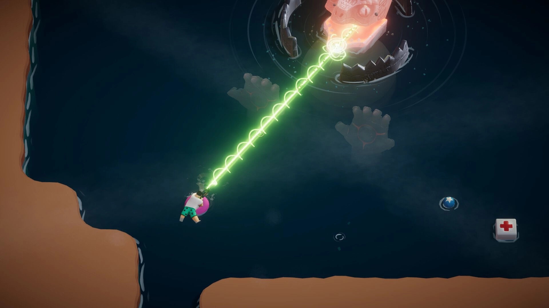 Battle Nap: Swimmer fires a green spiral laser at a floating enemy in dark water, medkit UI icon.