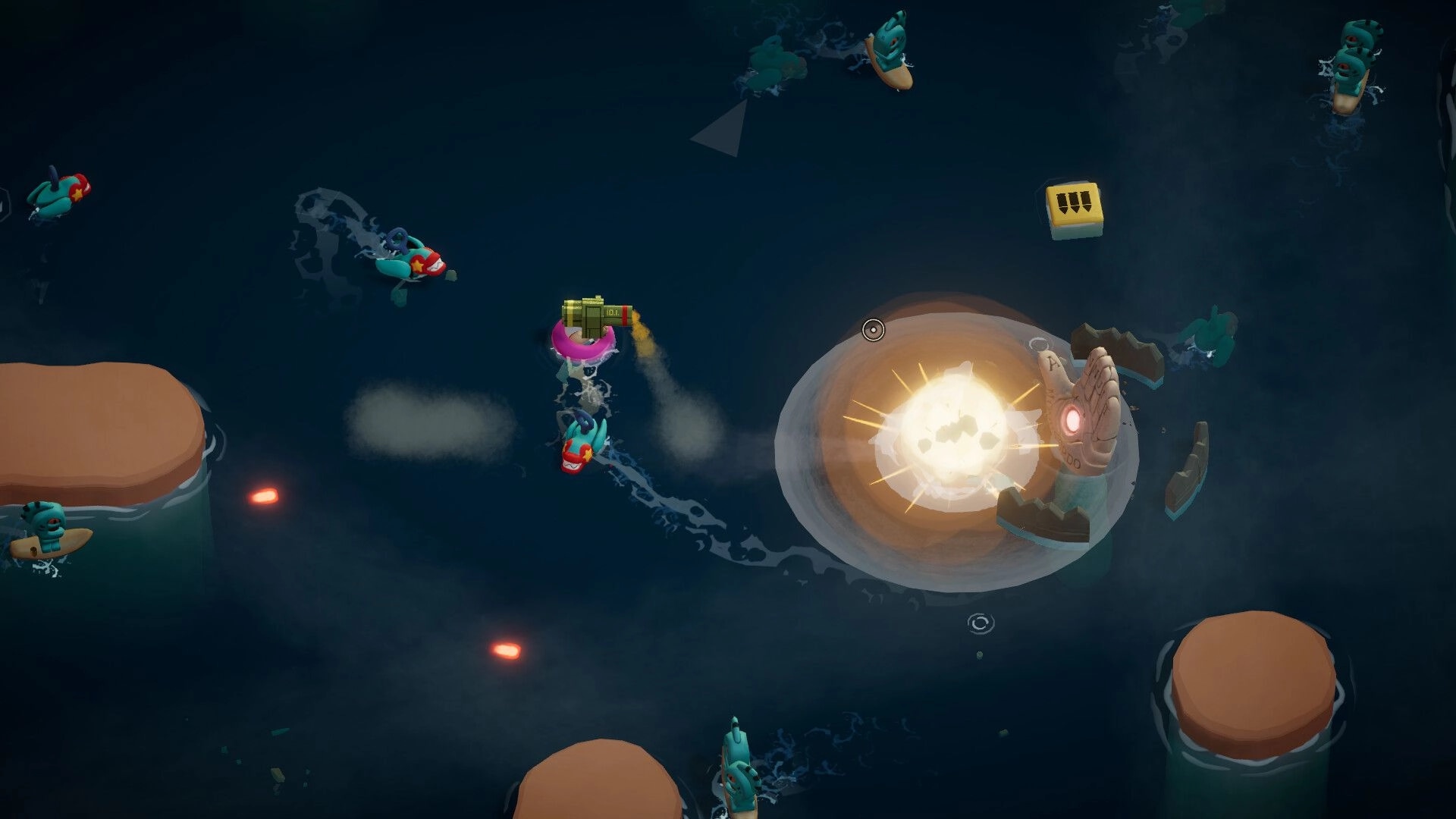 Battle Nap: Top-down boat firefight with torpedoes and explosions on dark ocean around rocky islands.