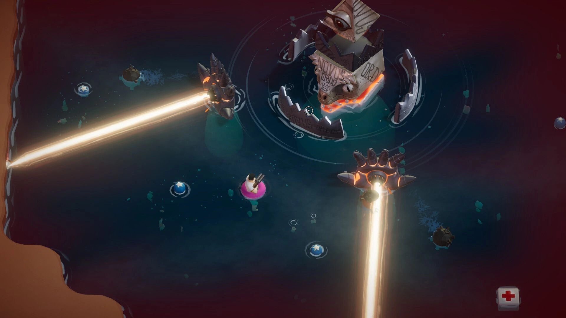 Battle Nap: Top-down boss fight with giant stone idol and laser hands in dark watery arena UI.