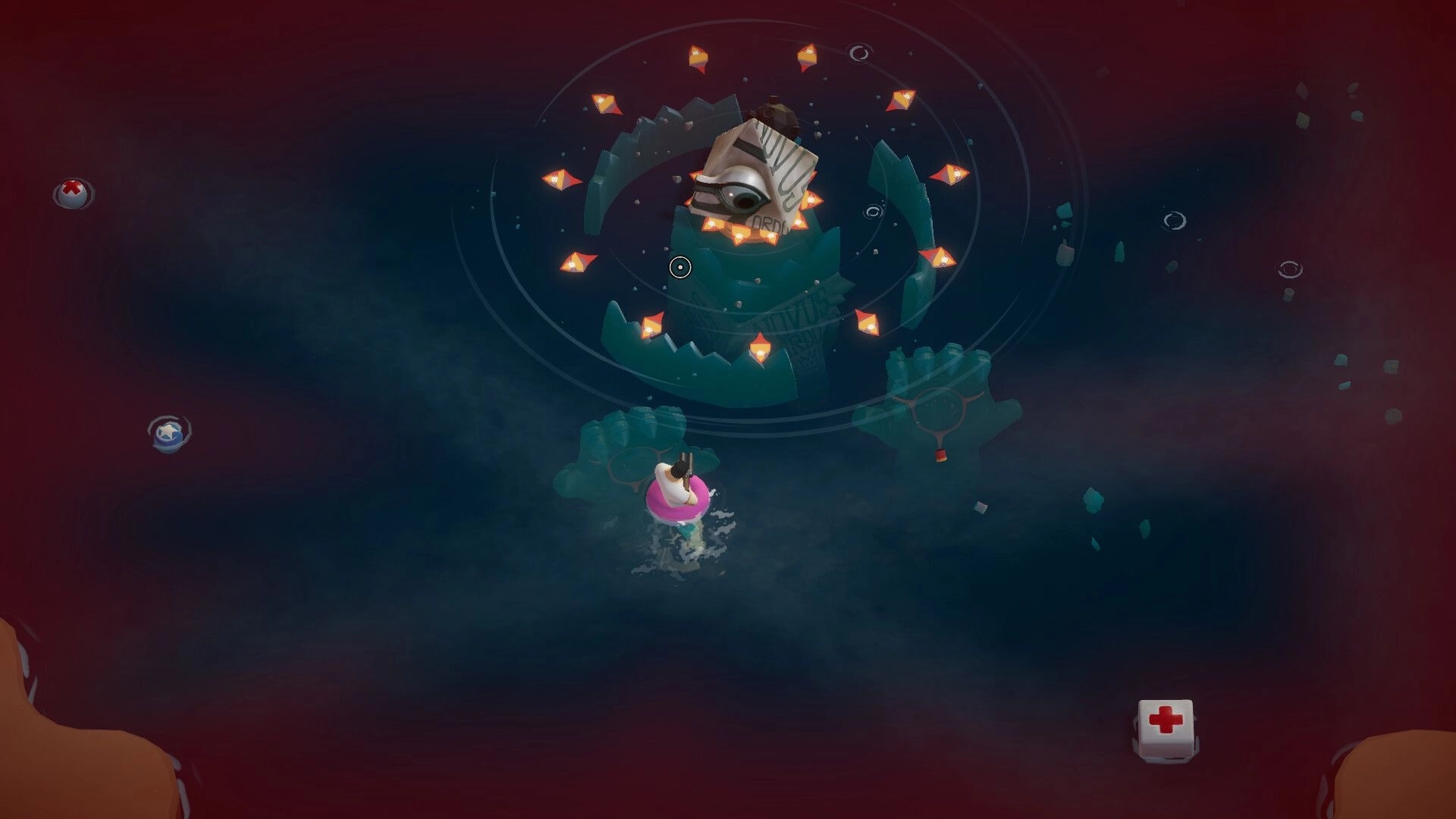 Battle Nap: Player in a pink float aims at a giant eye idol with orbiting mines in dark water arena.