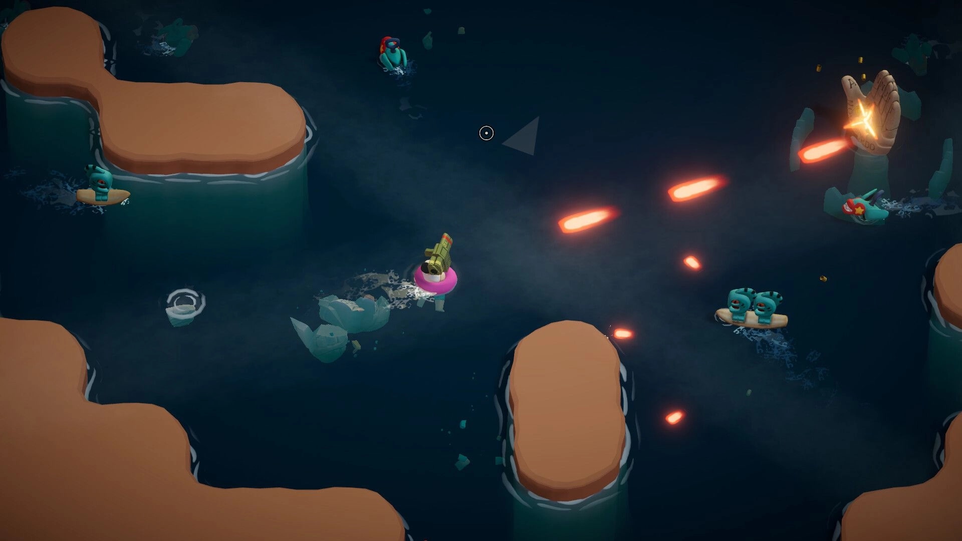 Battle Nap: Top-down shooter fight on dark water, player fires at enemies near a giant hand boss.