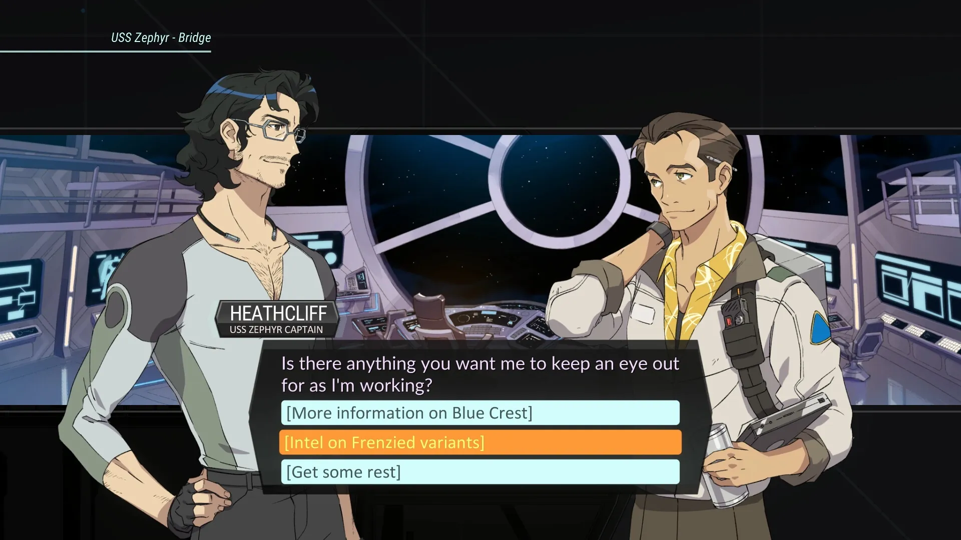 Battle Suit Aces: Heathcliff and another pilot discuss mission options on the USS Zephyr bridge.