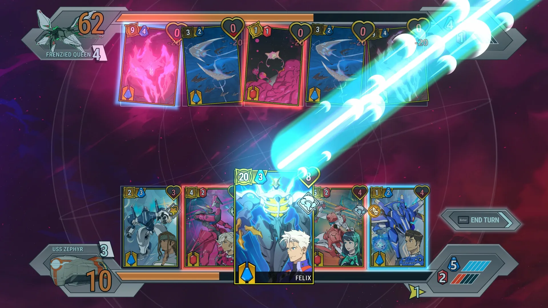 Battle Suit Aces: Felix card unleashes energy beam attack, vibrant cosmic backdrop, strategic interface.