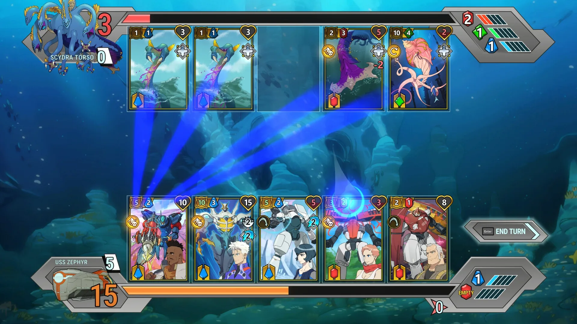 Battle Suit Aces: Card battle interface with Scydra Torso enemy in underwater environment, end turn option