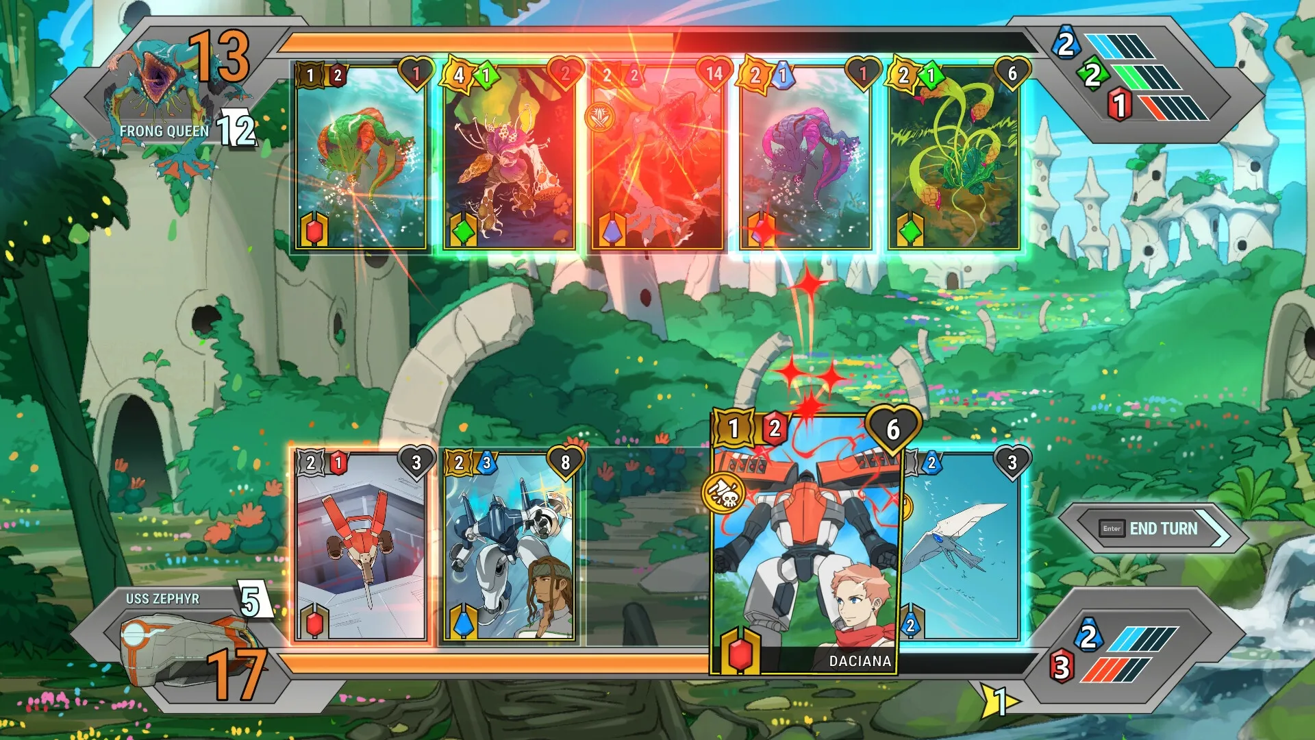 Battle Suit Aces: Card battle with USS Zephyr and Daciana in lush, alien forest environment