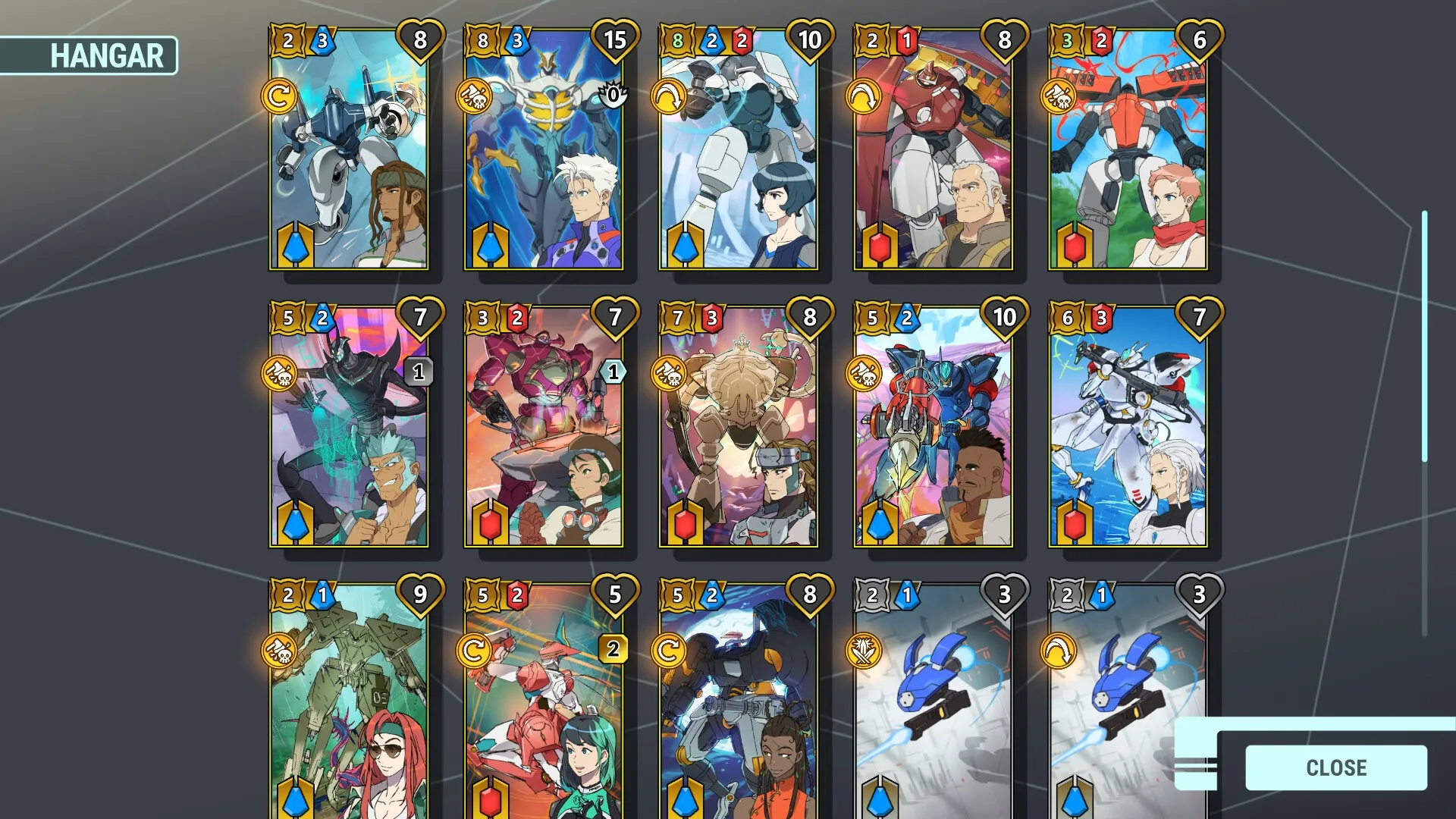Battle Suit Aces: Card selection screen in hangar with various mech pilots and stats displayed