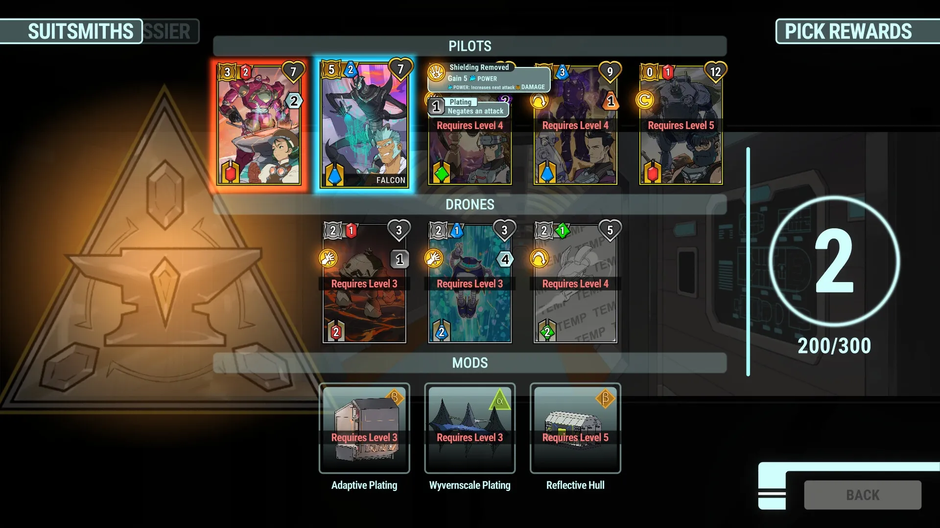 Battle Suit Aces: Card selection screen showing pilots, drones, and mods in futuristic interface