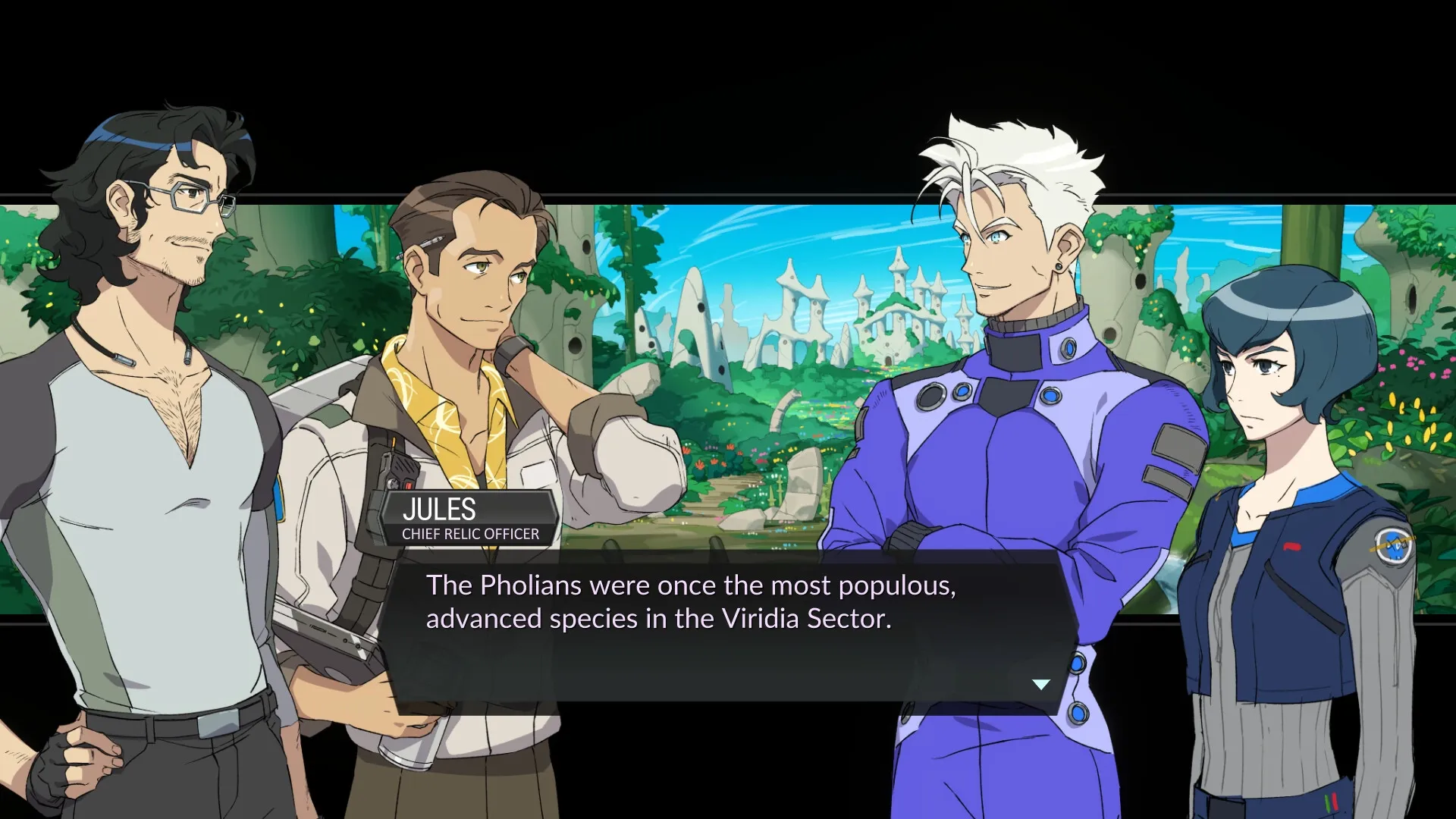 Battle Suit Aces: Four characters converse in a lush alien landscape with futuristic architecture visible.