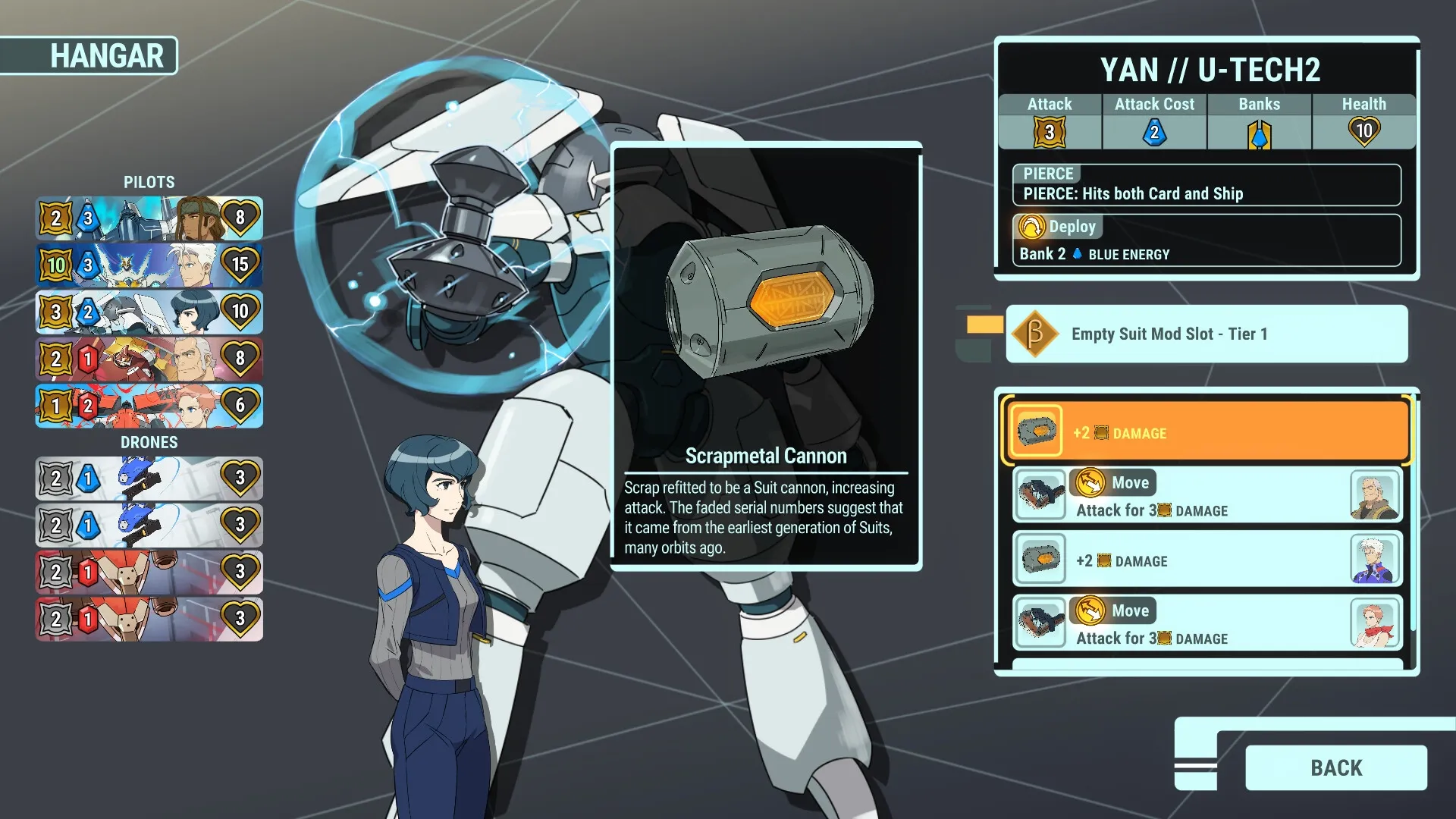 Battle Suit Aces: Pilot selection and Scrapmetal Cannon upgrade in the hangar interface
