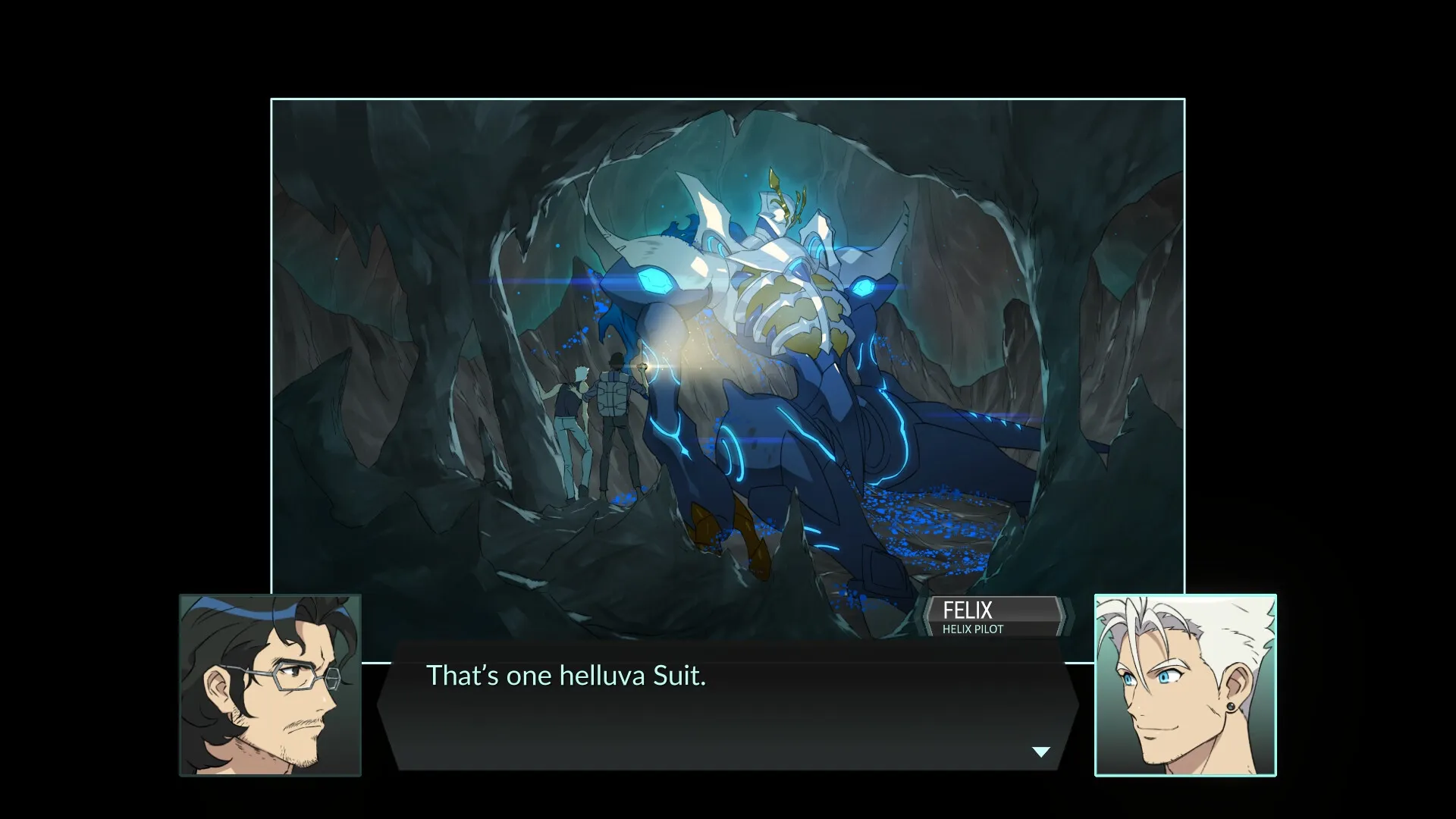 Battle Suit Aces: Felix and team discover a glowing mech in a dimly lit cave with dramatic dialogue.